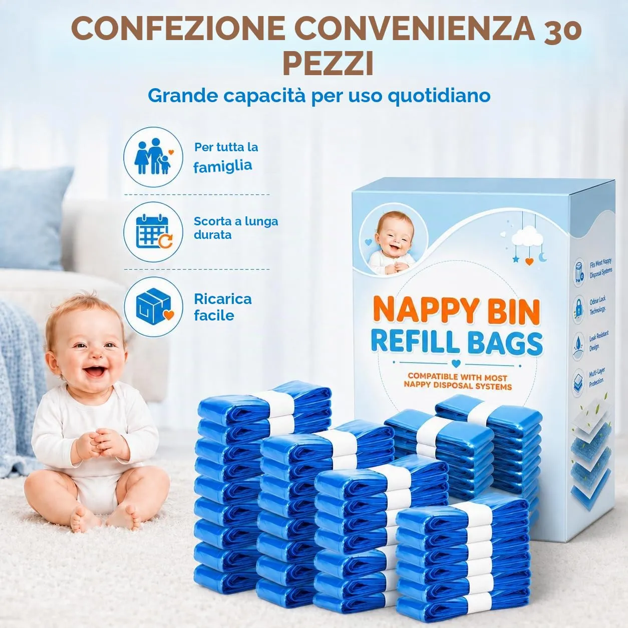 PARPAT Sacchetti per Pattumiera per Pannolini, 30 Pezzi, 4,5 m, Pellicola di Ricambio Protezione Odori - immagine 3