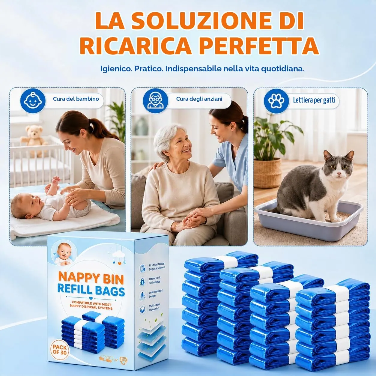 PARPAT Sacchetti per Pattumiera per Pannolini, 30 Pezzi, 4,5 m, Pellicola di Ricambio Protezione Odori - immagine 7
