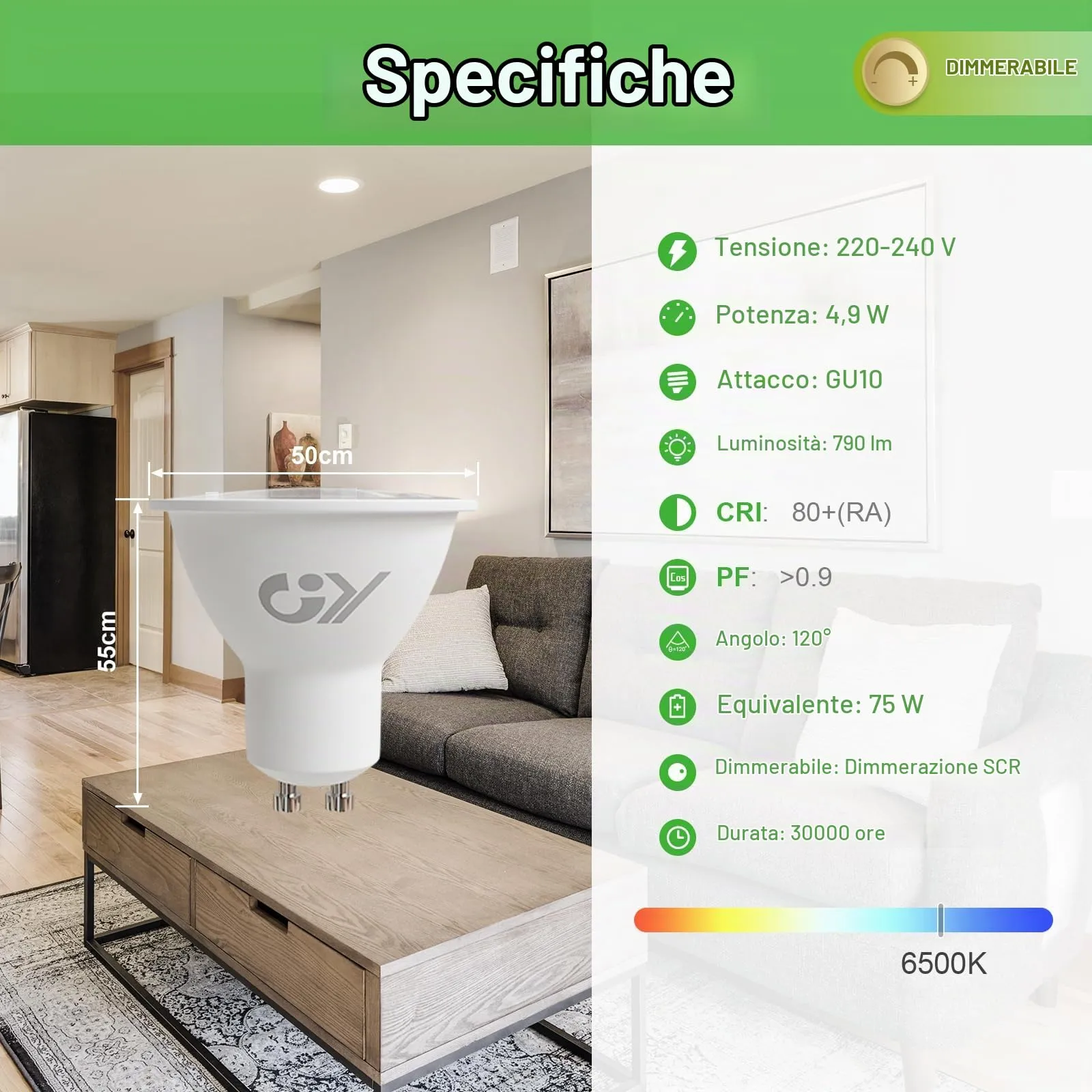 GY Lampadine LED GU10 Dimmerabili, 4.9W, 790LM, 6500K Luce Fredda, 5 pezzi - immagine 3