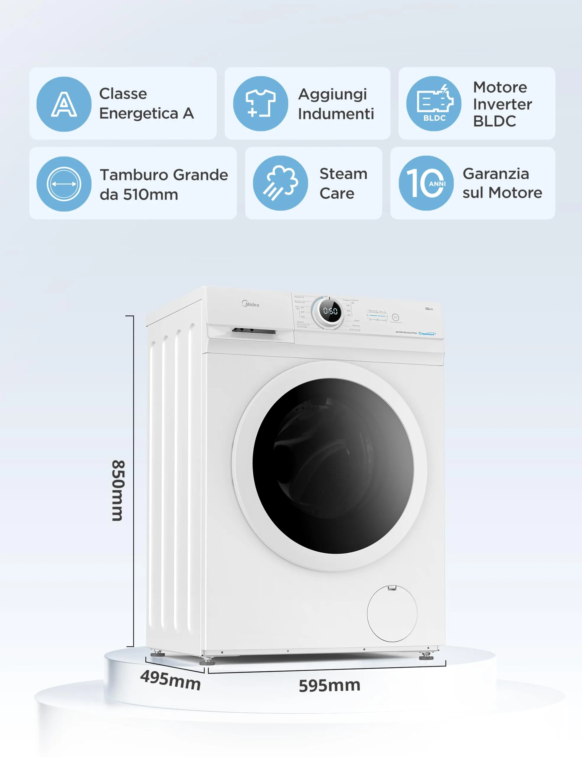 Midea MF10EW90B Lavatrice Slim 9 kg Classe A 1400 Giri Motore BLDC - immagine 3