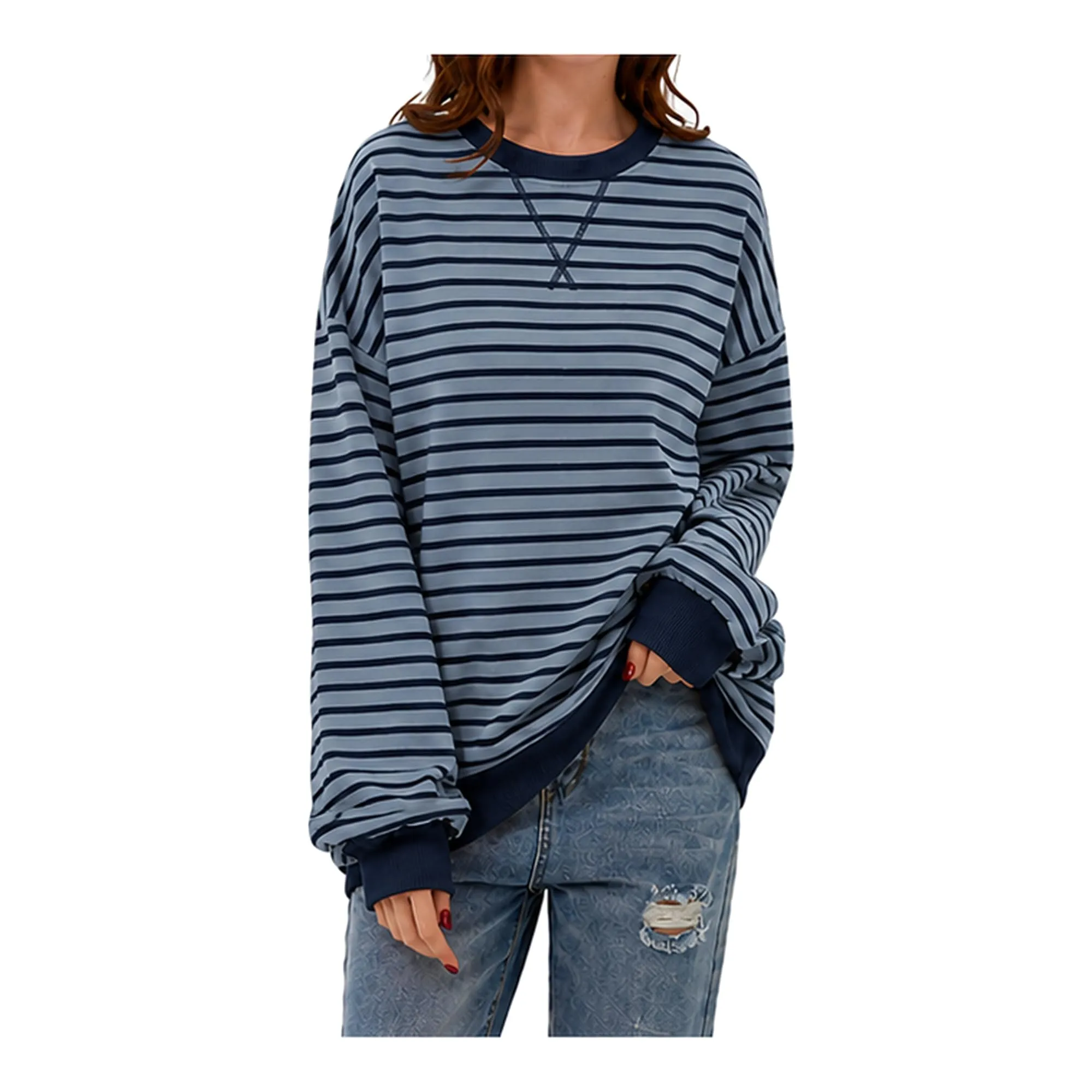 DUOEASE Felpa Donna Oversize a Righe Manica Lunga Top Y2K - immagine 1