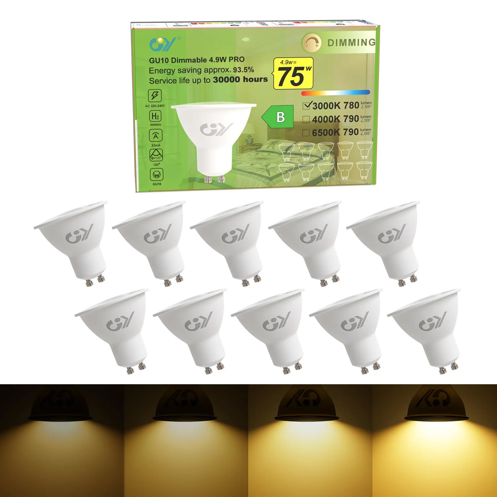 GY Lampadine LED GU10 Dimmerabili, 4.9W, 780LM, 3000K Luce Calda, 10 pezzi - immagine 1