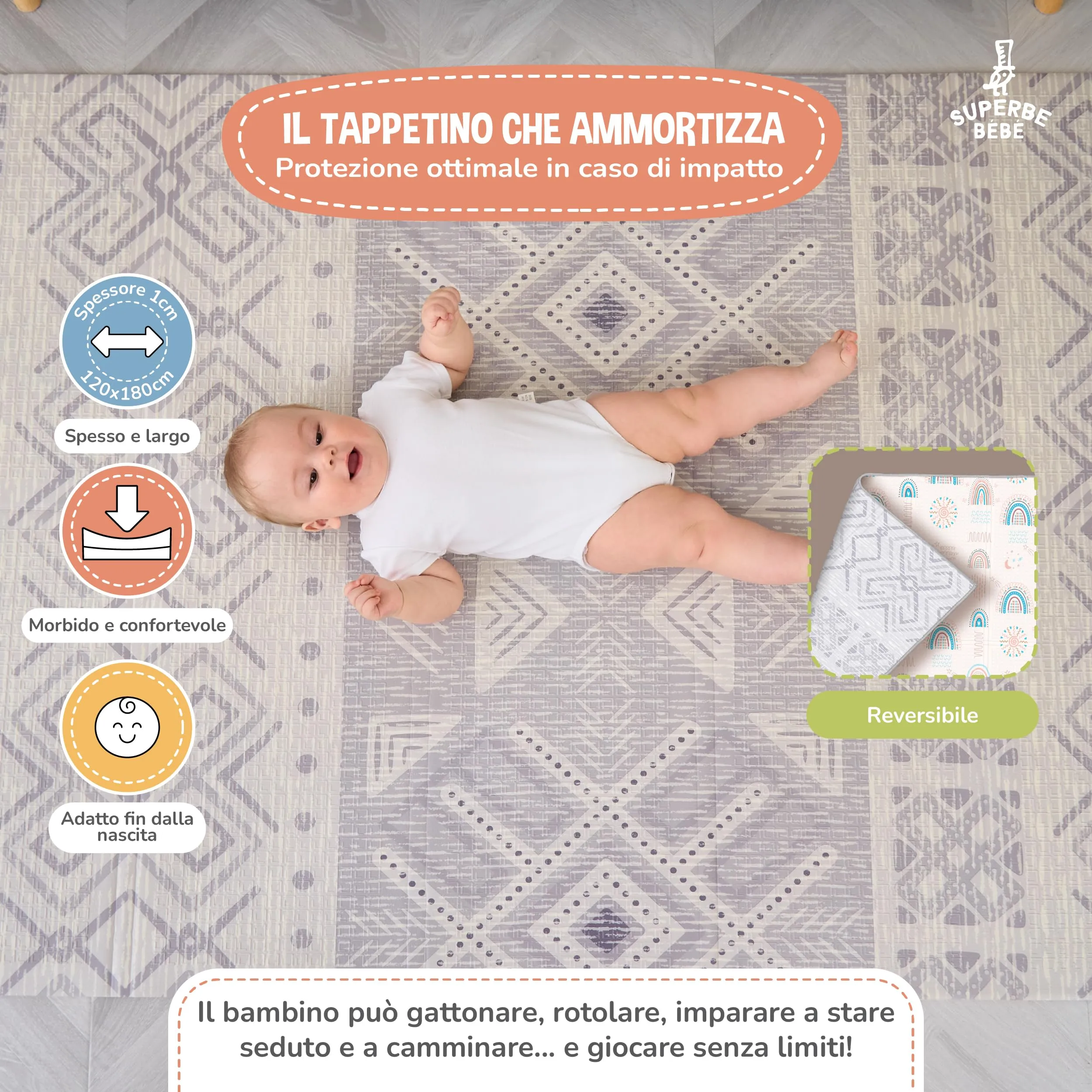 SUPERBE BEBE Tappeto Gioco Bambini Pieghevole 120x180x1cm Montessori Reversibile in Schiuma - immagine 2