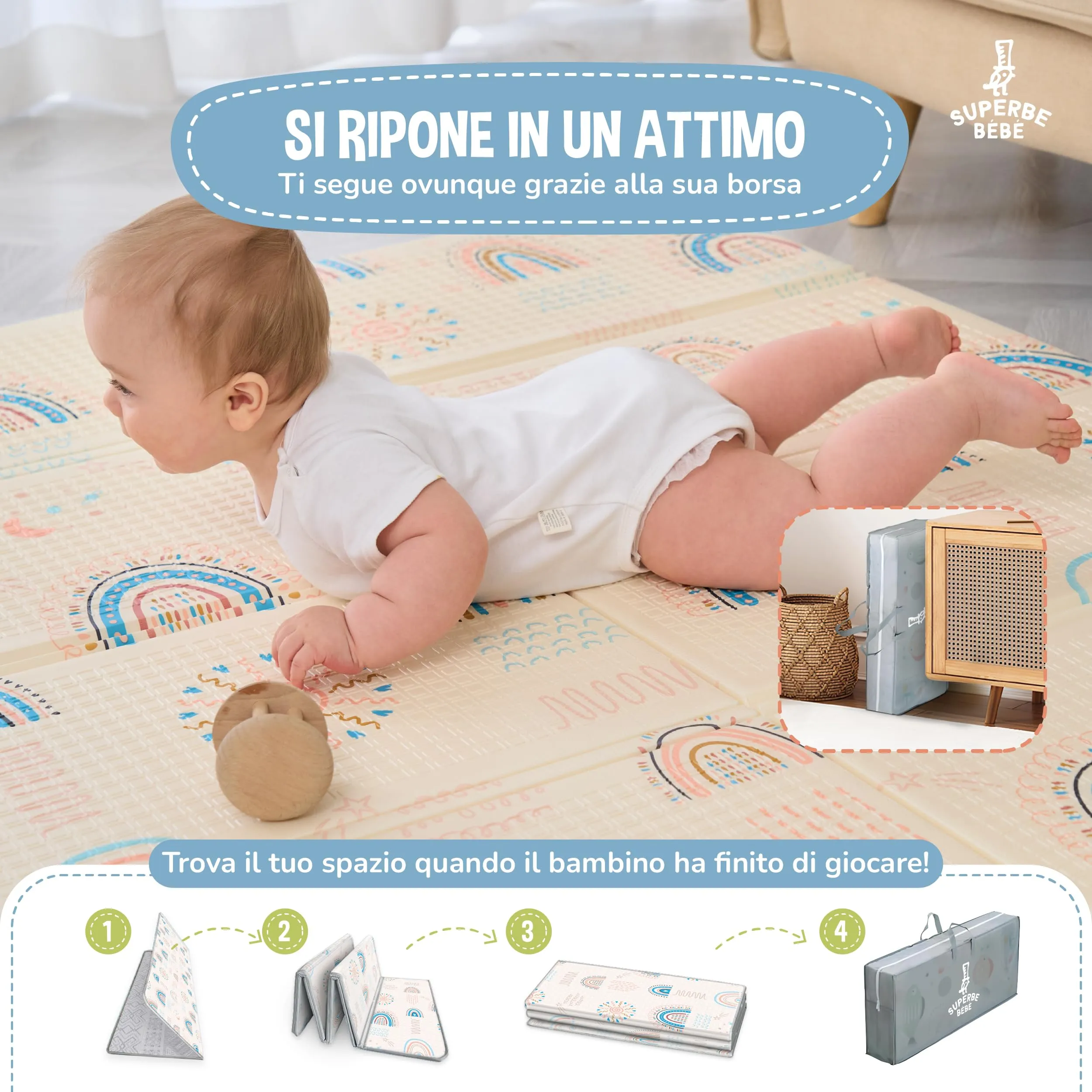 SUPERBE BEBE Tappeto Gioco Bambini Pieghevole 120x180x1cm Montessori Reversibile in Schiuma - immagine 3