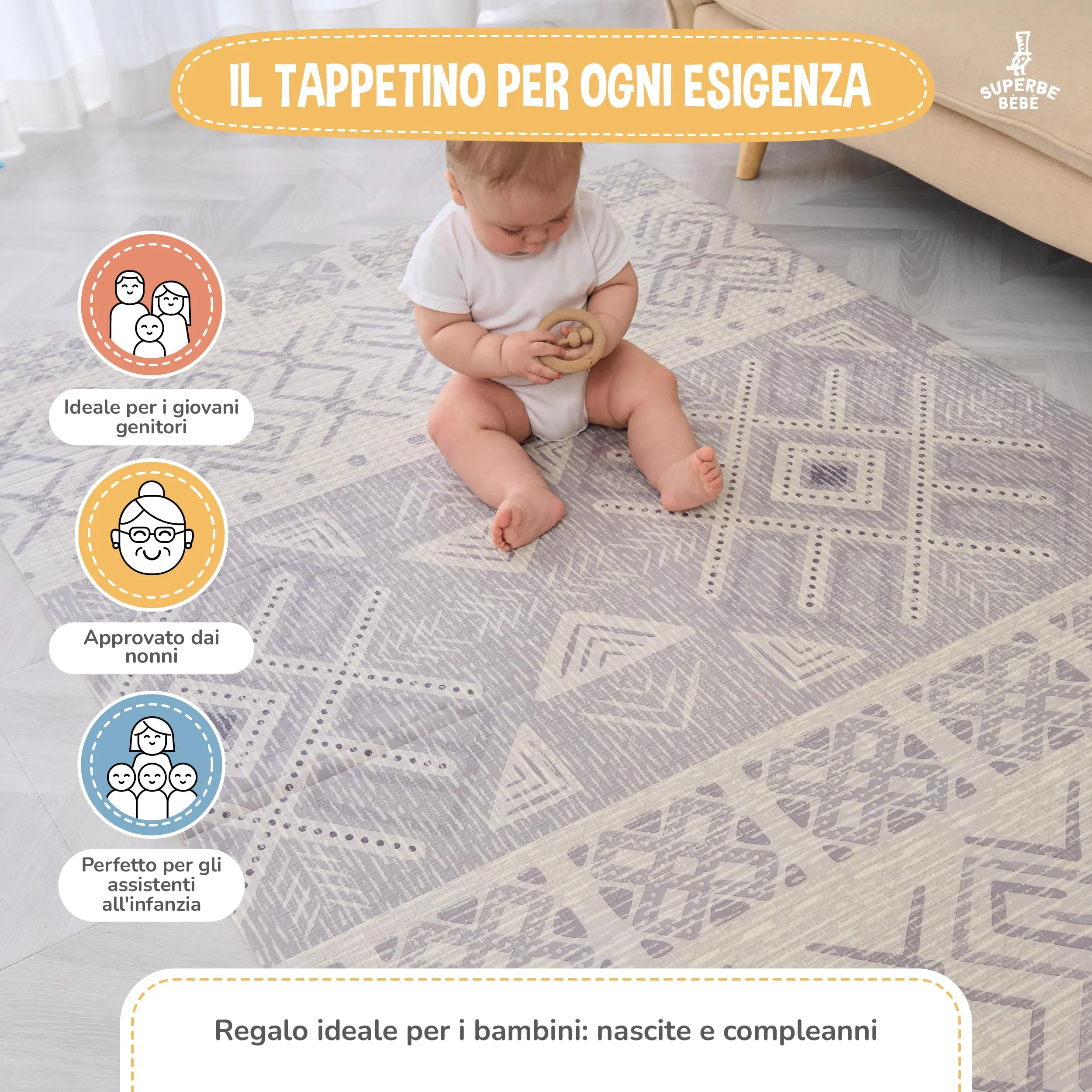 SUPERBE BEBE Tappeto Gioco Bambini Pieghevole 120x180x1cm Montessori Reversibile in Schiuma - immagine 4
