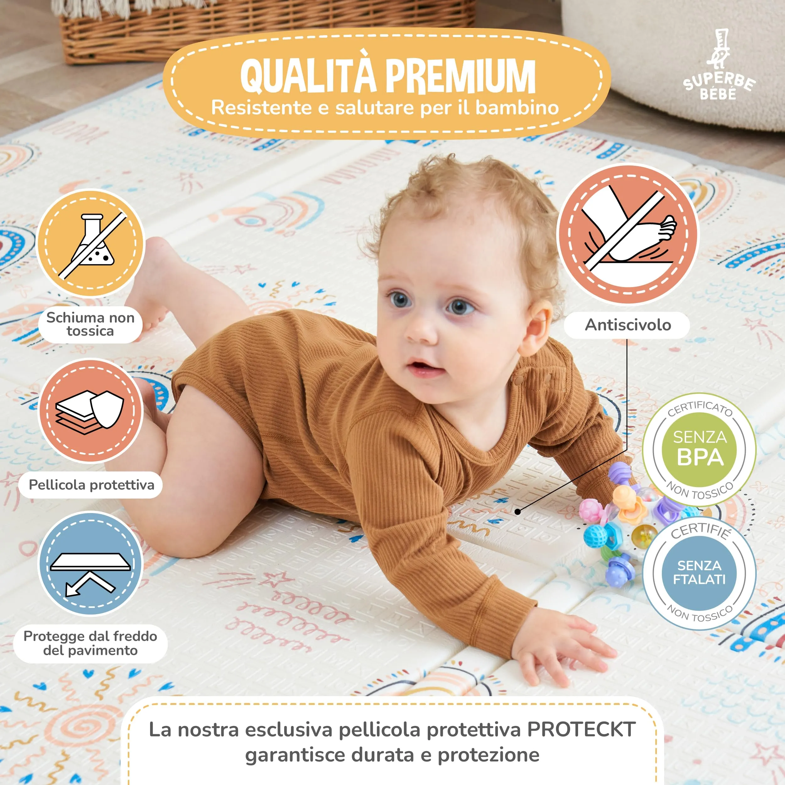 SUPERBE BEBE Tappeto Gioco Bambini Pieghevole 120x180x1cm Montessori Reversibile in Schiuma - immagine 5