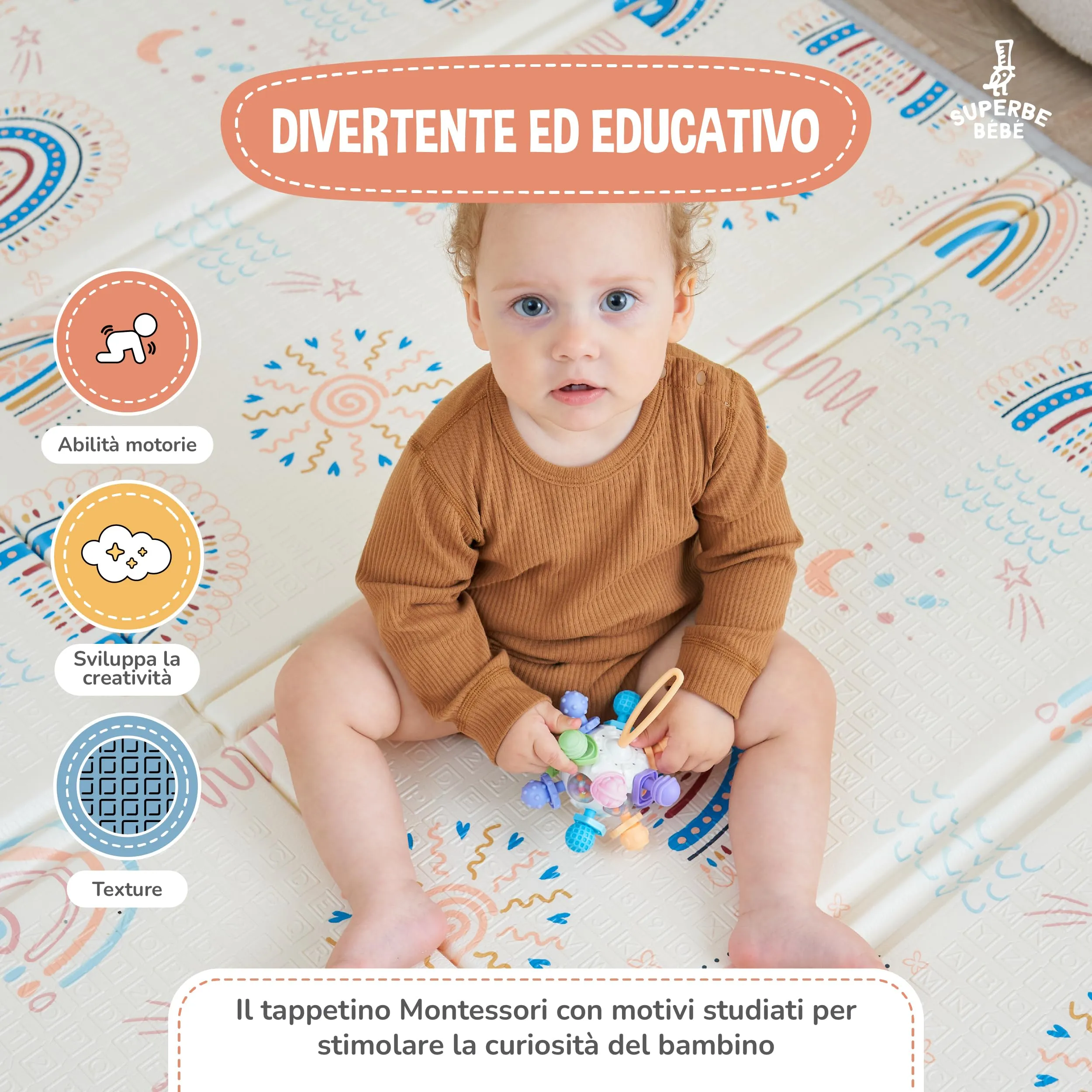 SUPERBE BEBE Tappeto Gioco Bambini Pieghevole 120x180x1cm Montessori Reversibile in Schiuma - immagine 6