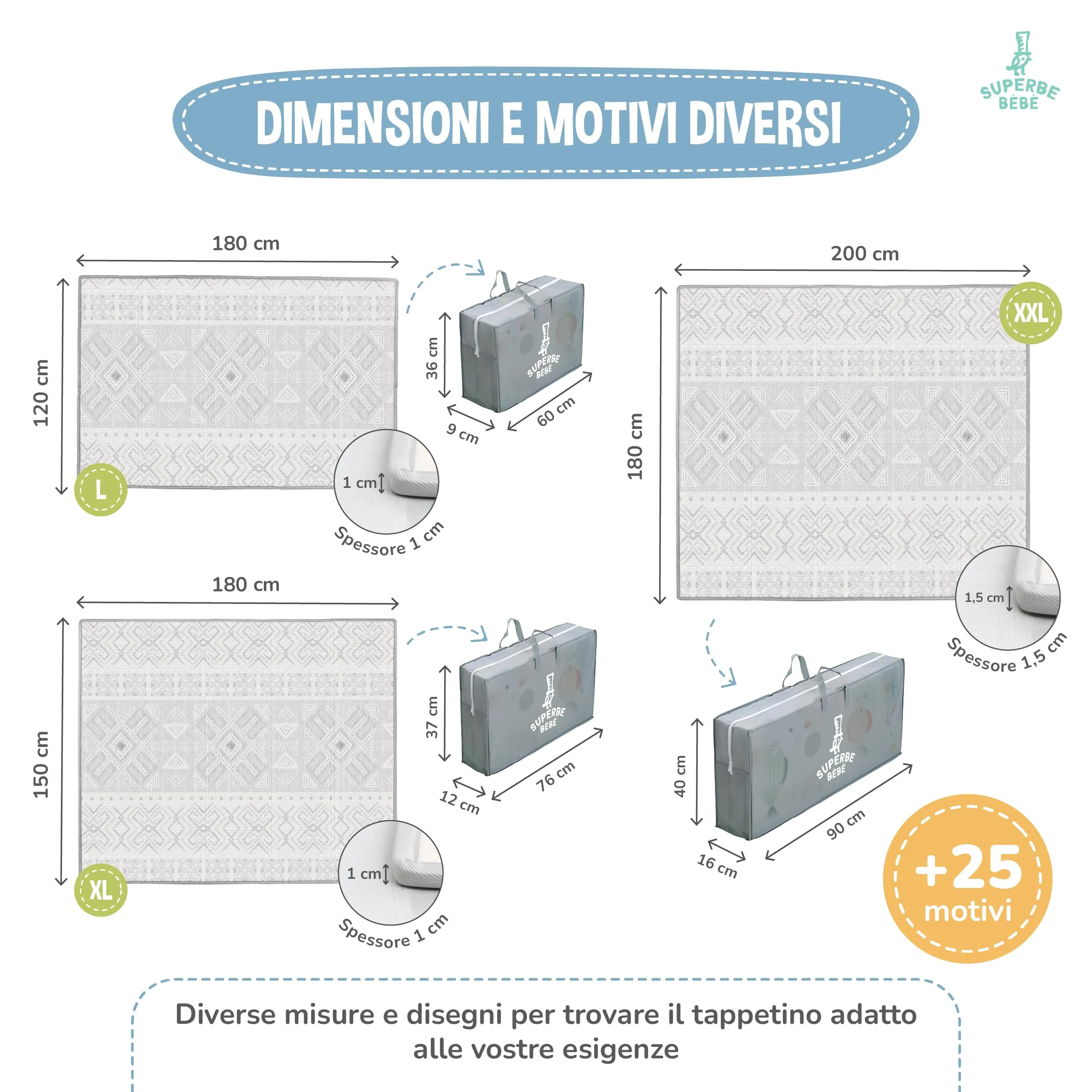 SUPERBE BEBE Tappeto Gioco Bambini Pieghevole 120x180x1cm Montessori Reversibile in Schiuma - immagine 7