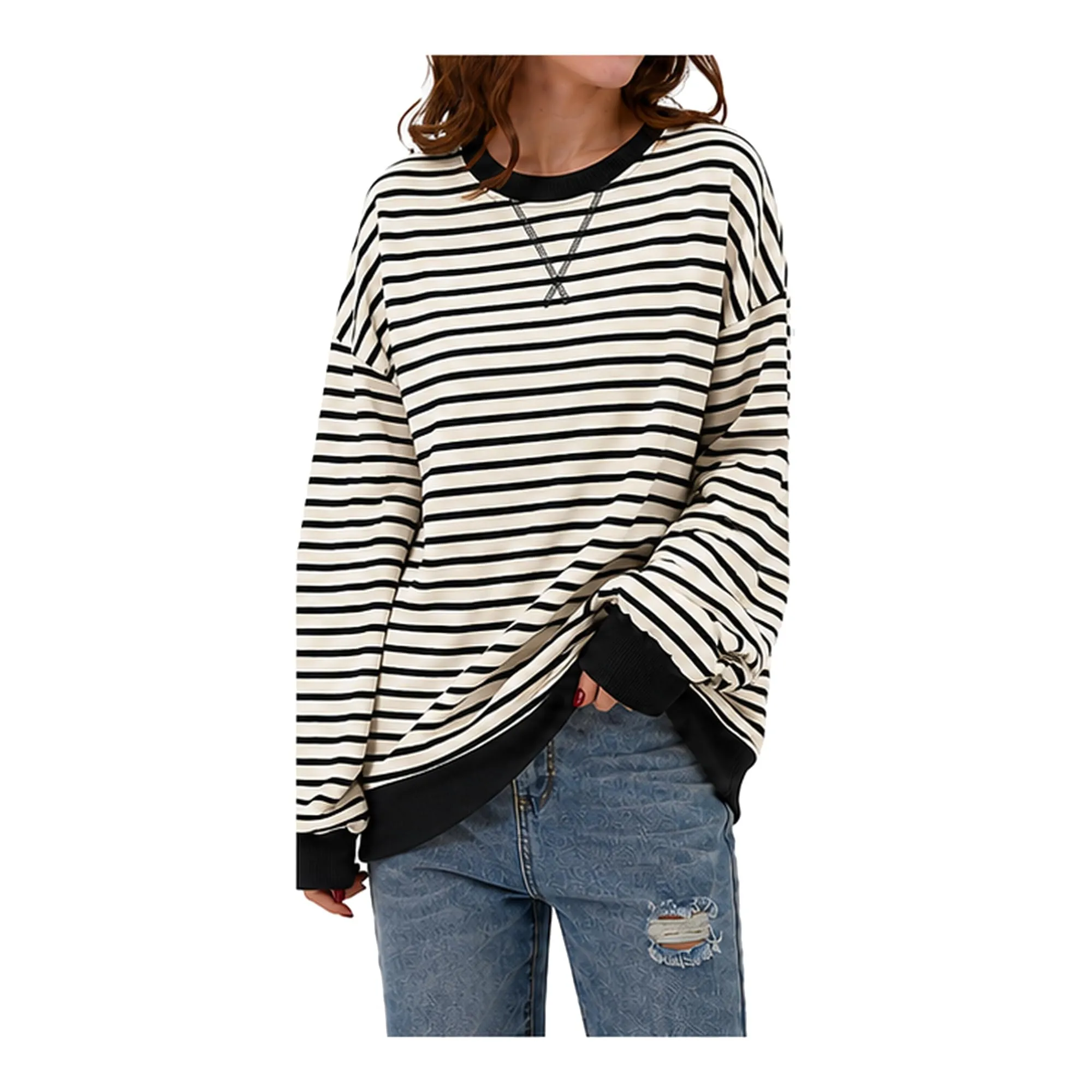 DUOEASE Felpa Donna Oversize a Righe Manica Lunga Y2K - immagine 2