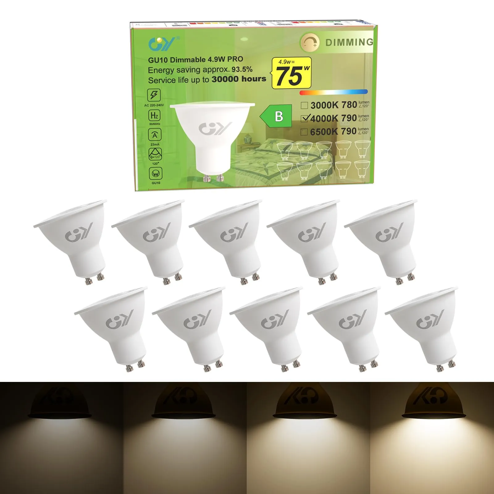 GY Lampadine LED GU10 Dimmerabili, 4.9W, 790LM, 4000K Luce Naturale, 10 pezzi - immagine 1