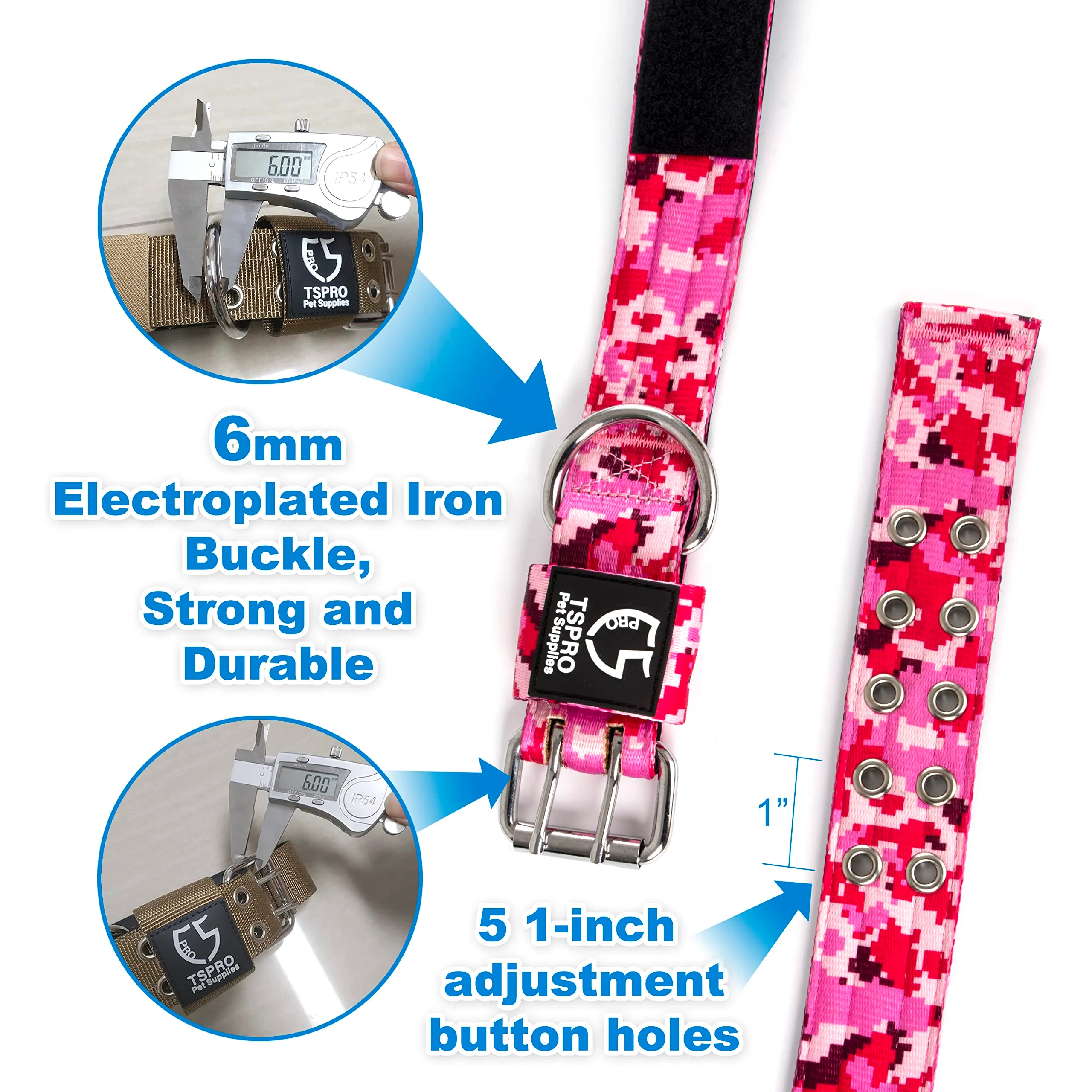 TSPRO Collare Tattico per Cani Grandi e Molto Grandi con Toppe Rimovibili, Taglia L-XL, Camo Rosa - immagine 4