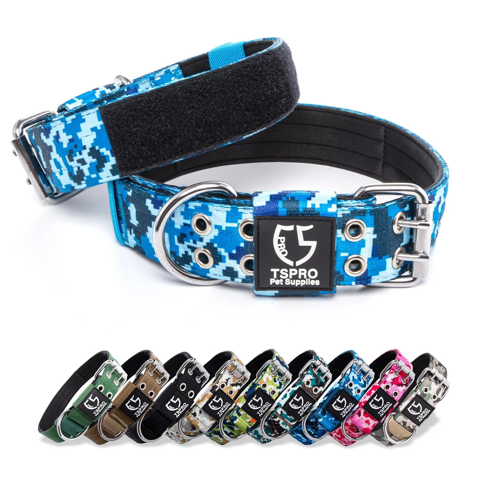 TSPRO Collare Tattico per Cani Grandi e Molto Grandi con Toppe Rimovibili, Taglia L-XL, Camo Blu - immagine 1