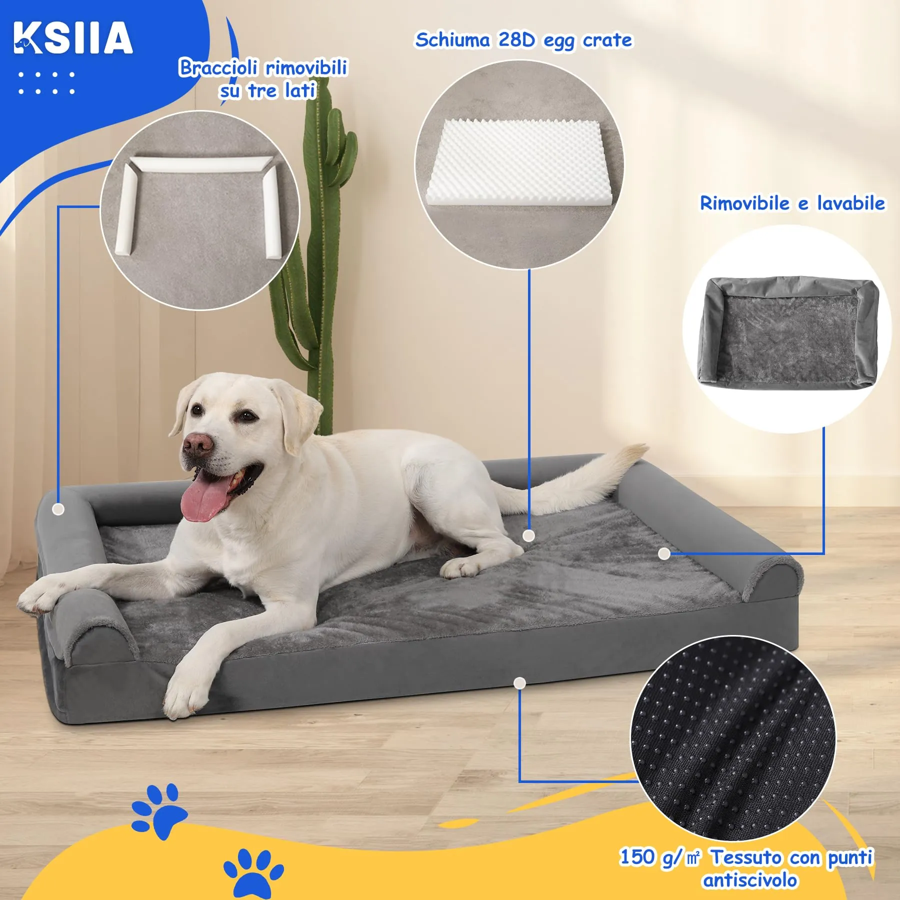KSIIA Cuccia Cane Interno Taglia Grande, L-Plus Grigio 91x68x16cm - immagine 3
