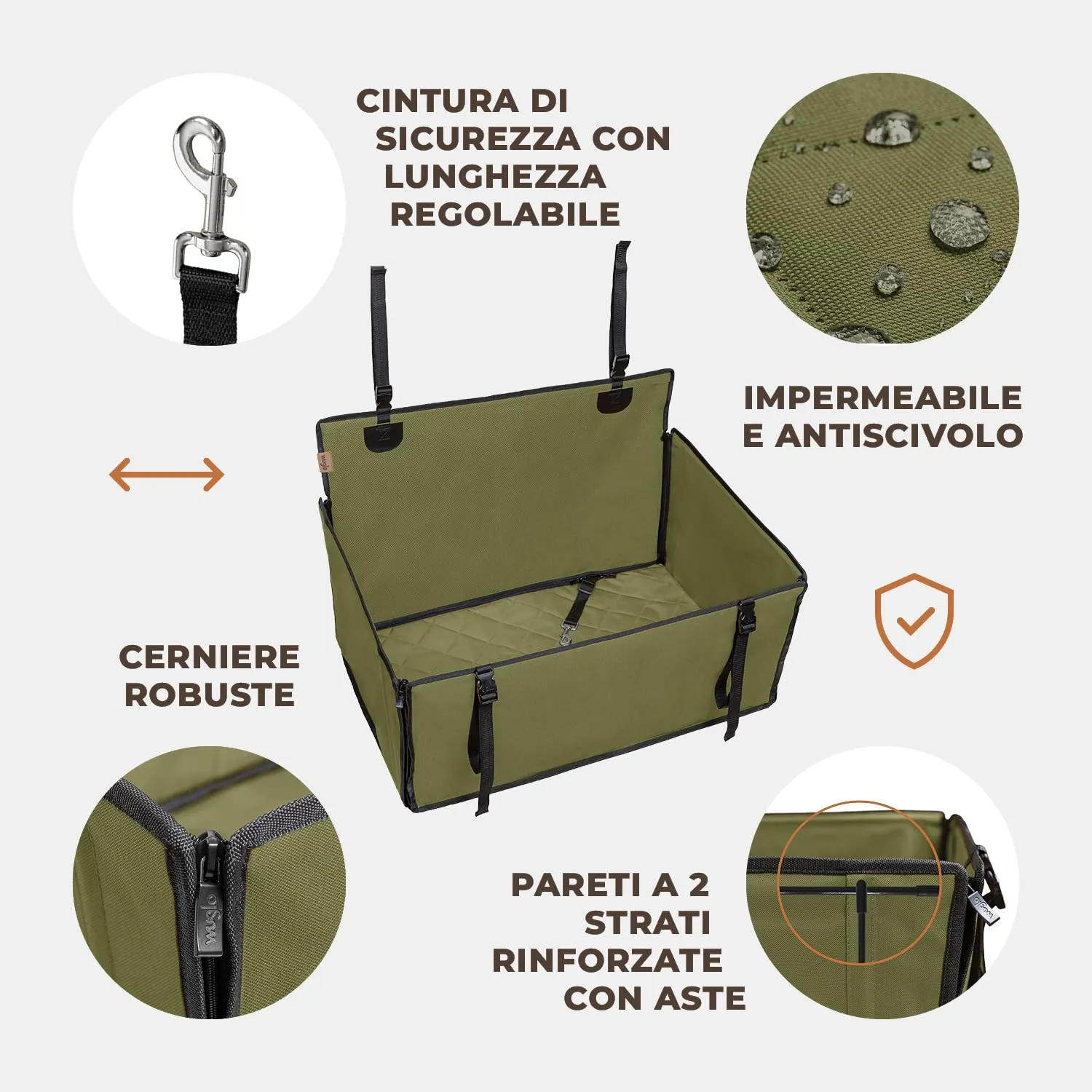 Wuglo Seggiolino Auto Cane Taglia L fino a 26 kg, Khaki - immagine 5