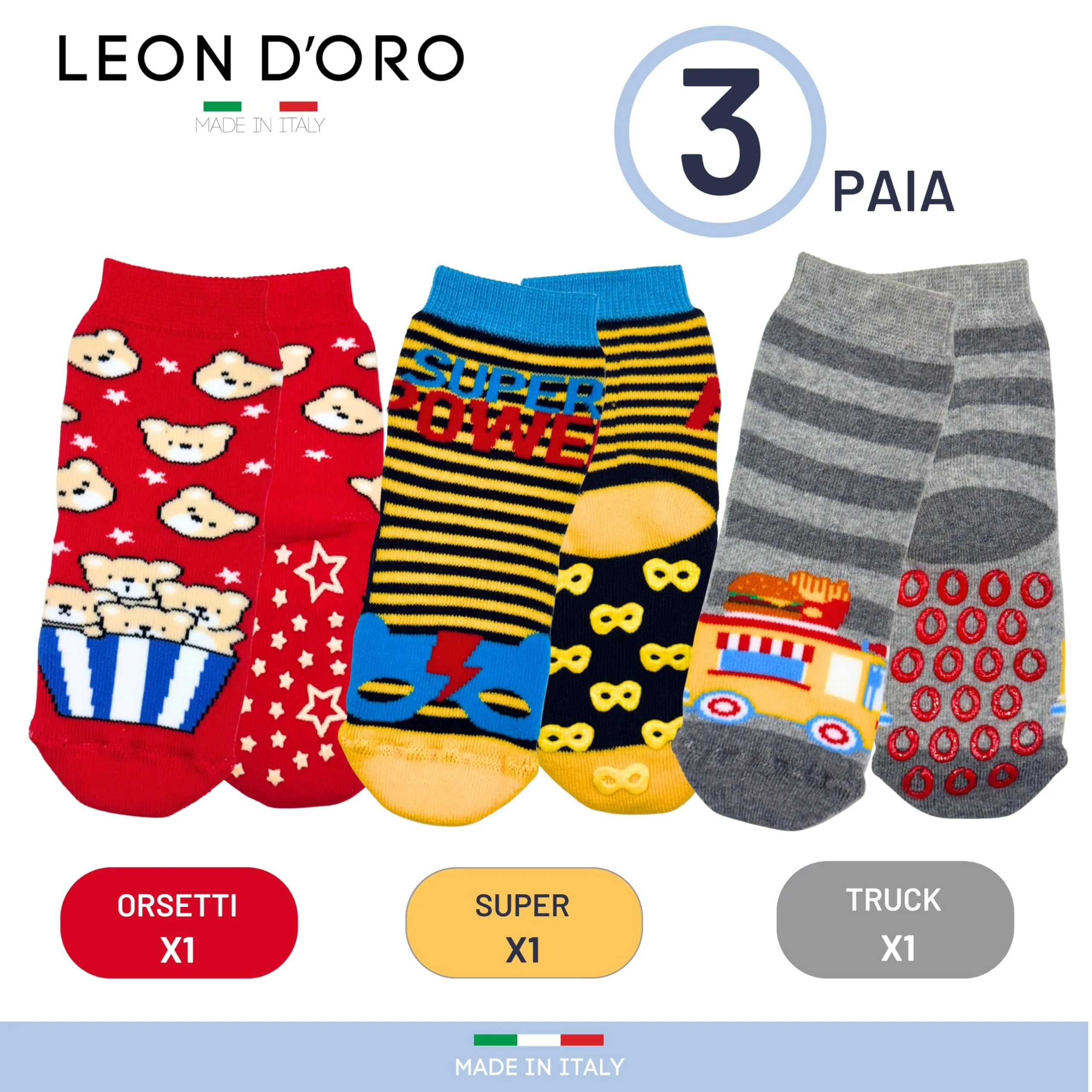 LEON D'ORO Calzini Antiscivolo Bambino in Cotone, 3 Paia, 6-12 mesi, Made in Italy - immagine 3