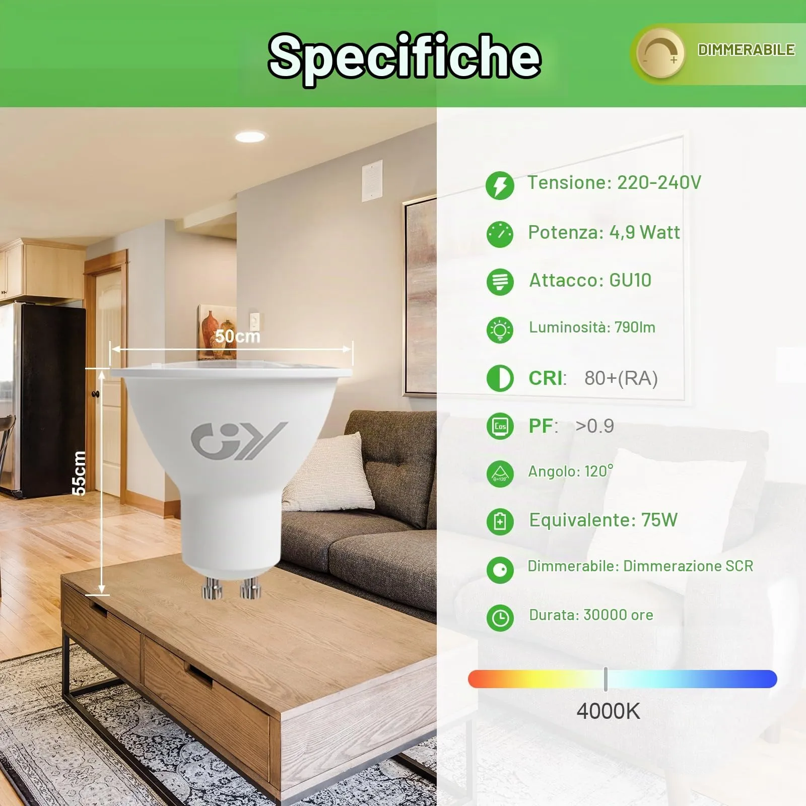 GY Lampadine LED GU10 Dimmerabili, 4.9W, 790LM, 4000K Luce Naturale, 5 pezzi - immagine 3