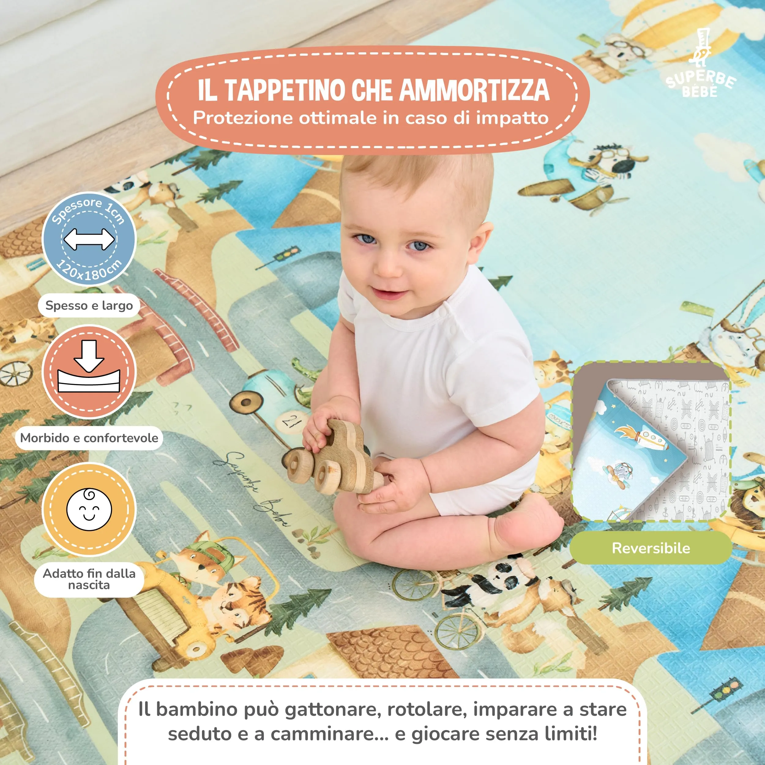 SUPERBE BEBE Tappeto Gioco Bambini Pieghevole 120x180x1cm Montessori Reversibile in Schiuma - immagine 2