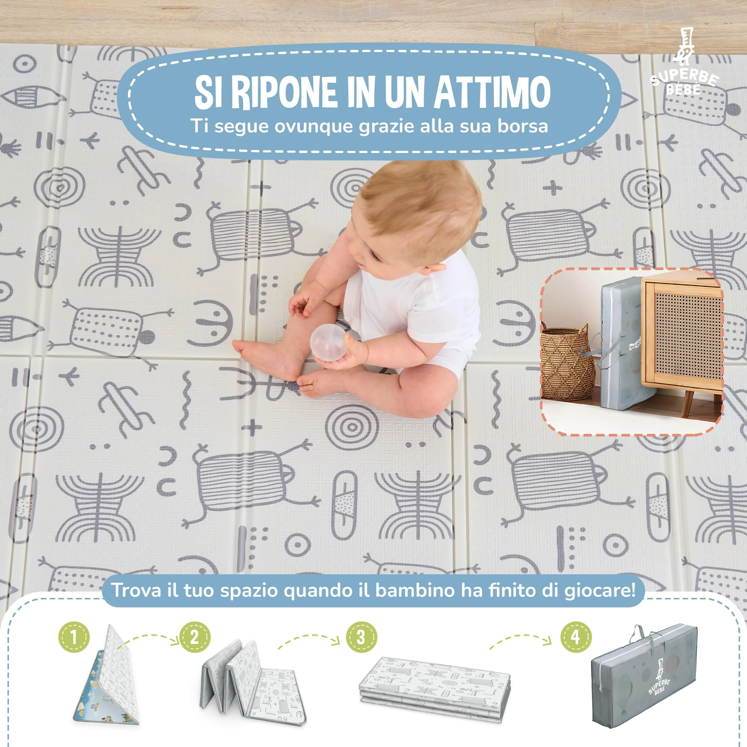 SUPERBE BEBE Tappeto Gioco Bambini Pieghevole 120x180x1cm Montessori Reversibile in Schiuma - immagine 3