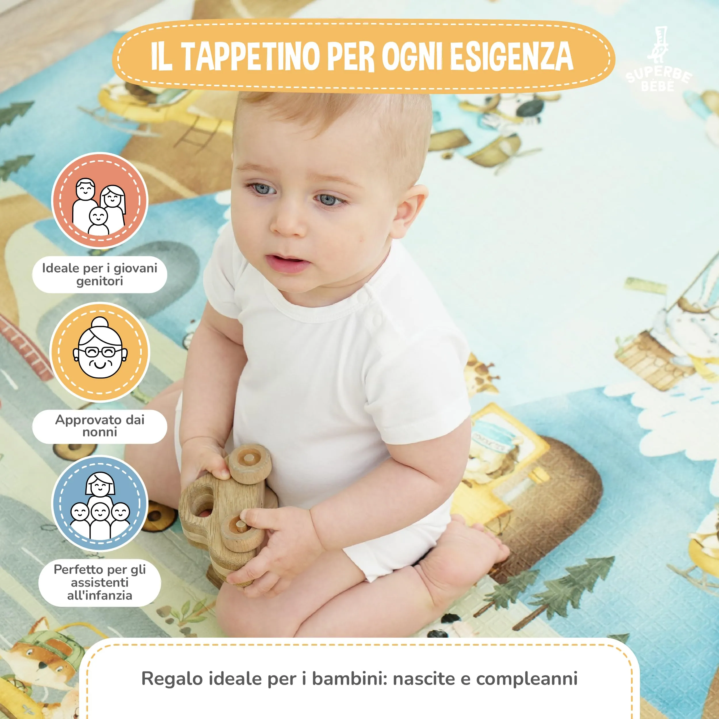 SUPERBE BEBE Tappeto Gioco Bambini Pieghevole 120x180x1cm Montessori Reversibile in Schiuma - immagine 4