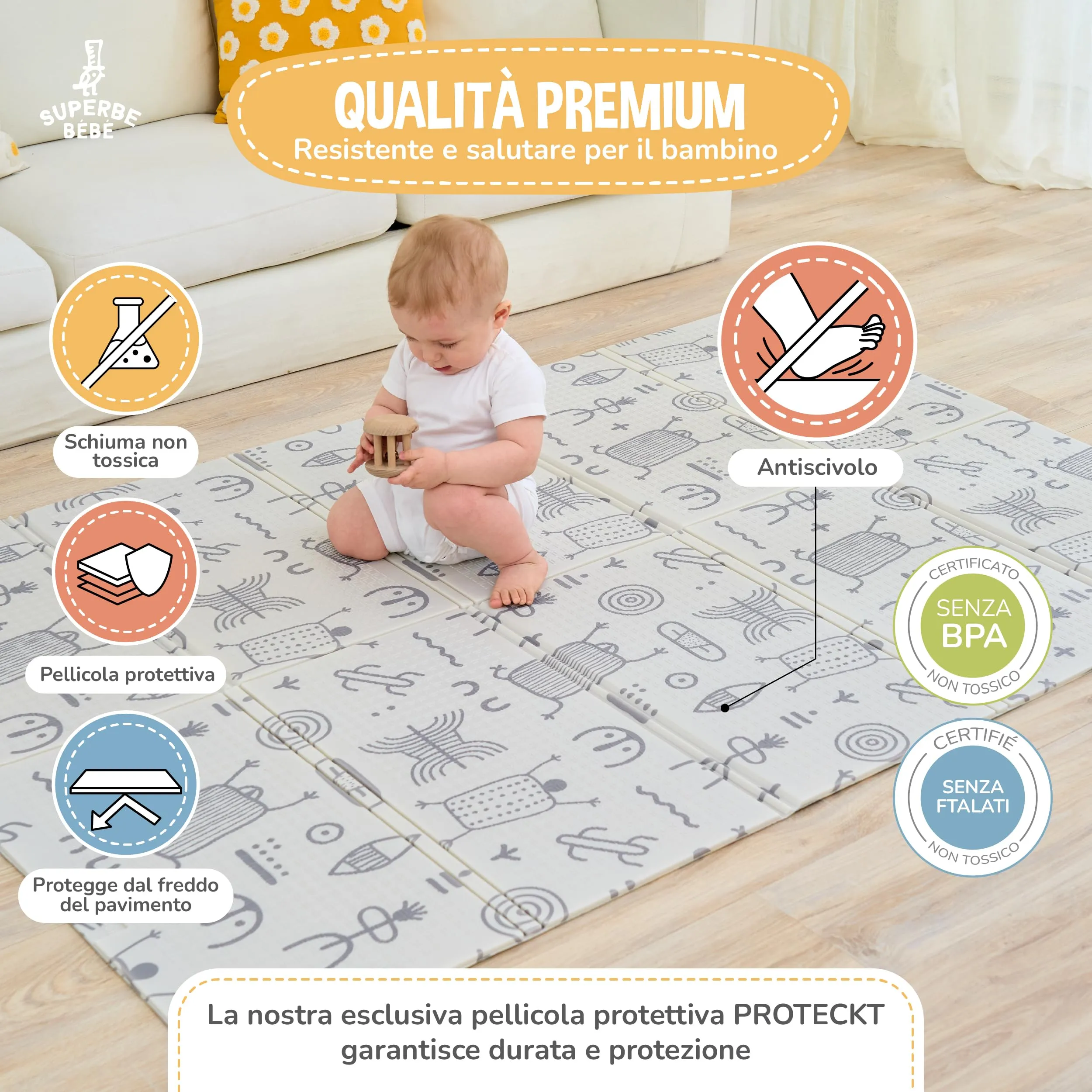 SUPERBE BEBE Tappeto Gioco Bambini Pieghevole 120x180x1cm Montessori Reversibile in Schiuma - immagine 5
