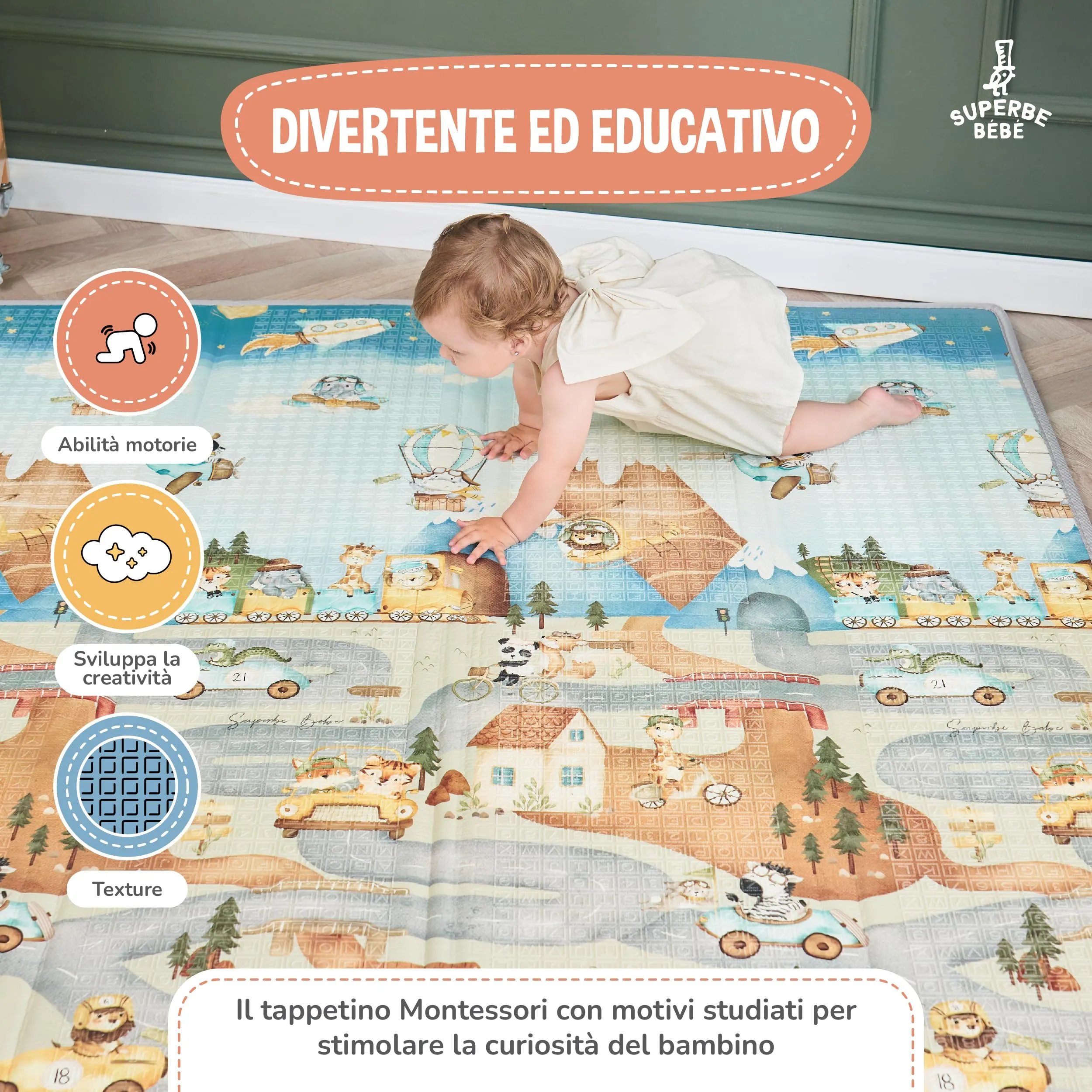 SUPERBE BEBE Tappeto Gioco Bambini Pieghevole 120x180x1cm Montessori Reversibile in Schiuma - immagine 6