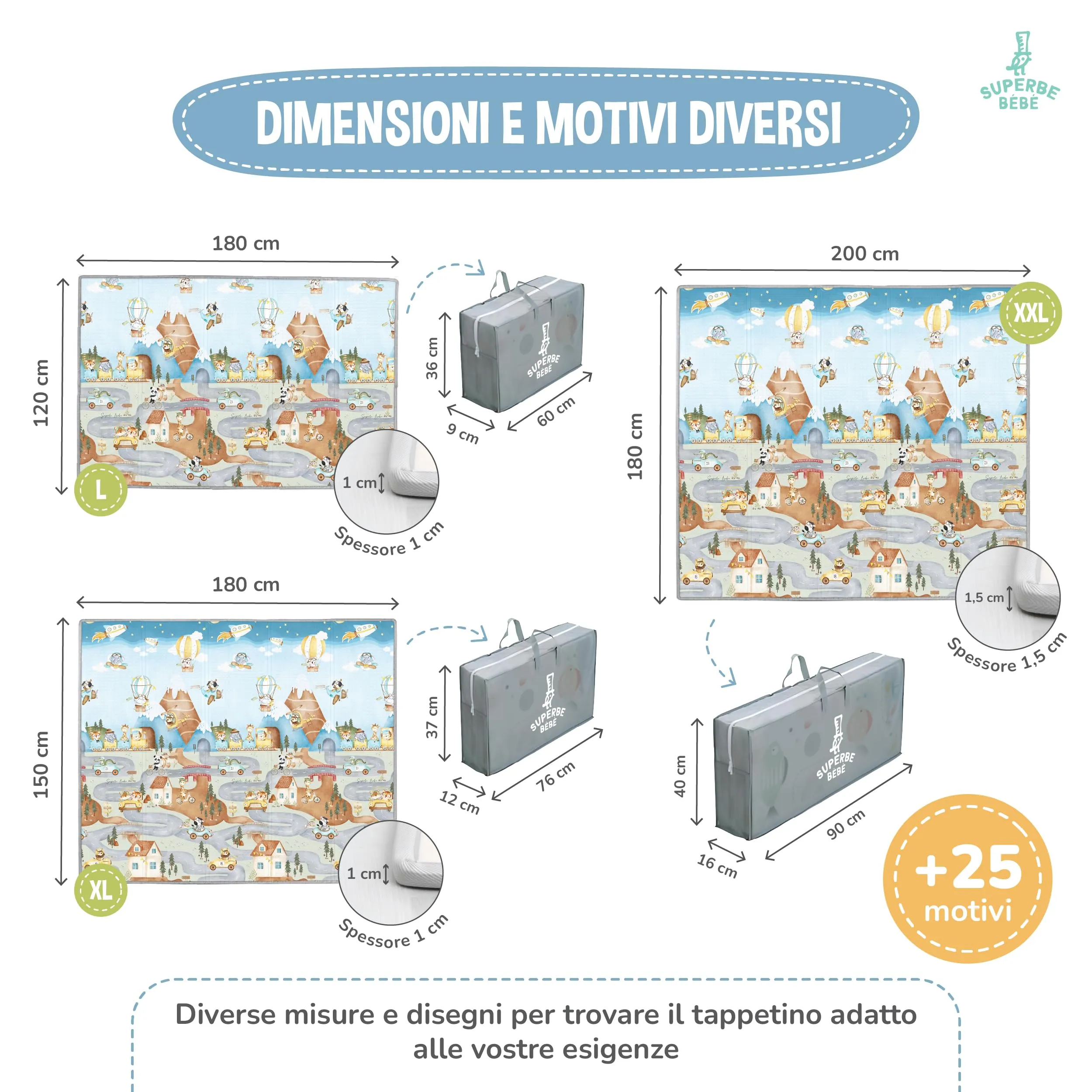 SUPERBE BEBE Tappeto Gioco Bambini Pieghevole 120x180x1cm Montessori Reversibile in Schiuma - immagine 7