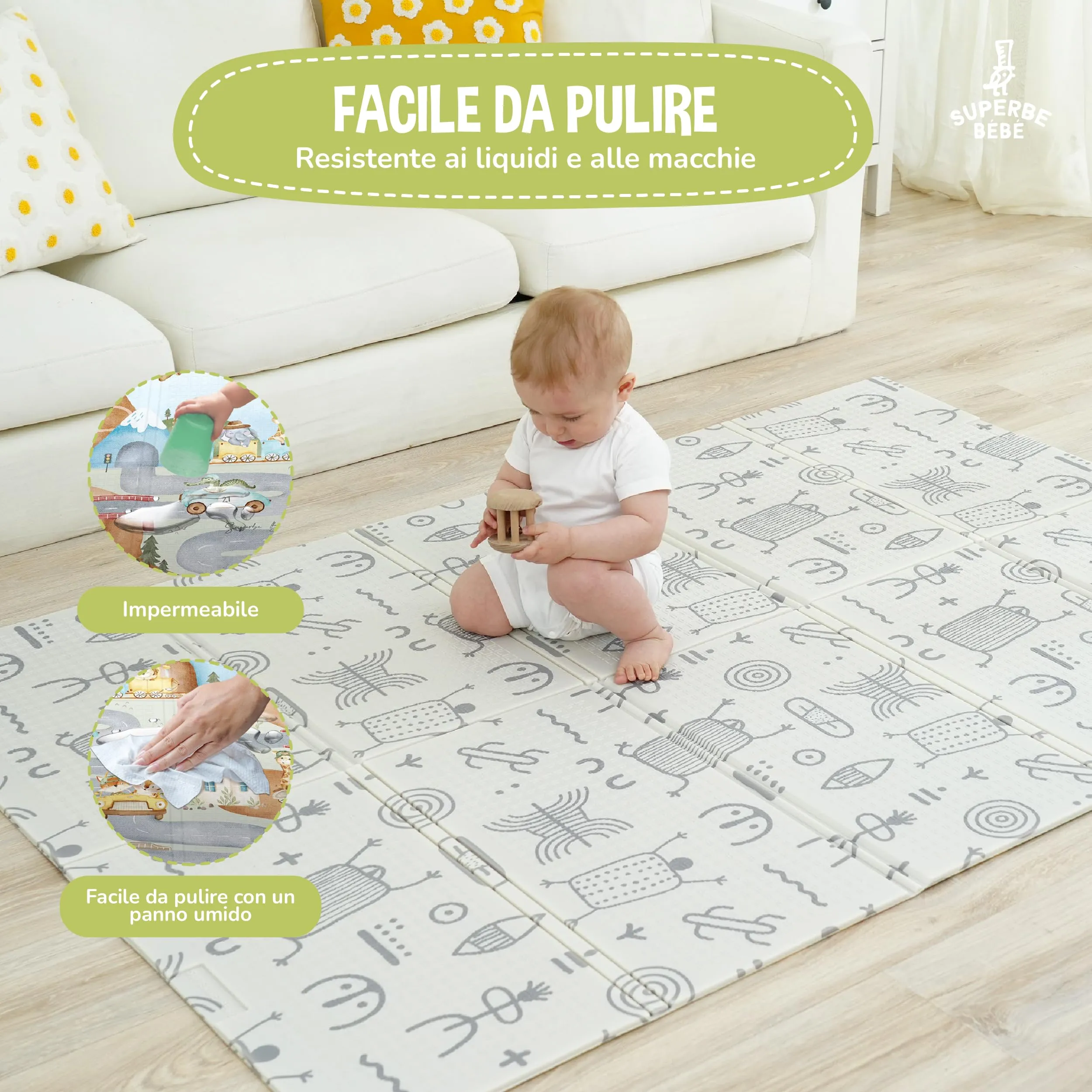 SUPERBE BEBE Tappeto Gioco Bambini Pieghevole 120x180x1cm Montessori Reversibile in Schiuma - immagine 8