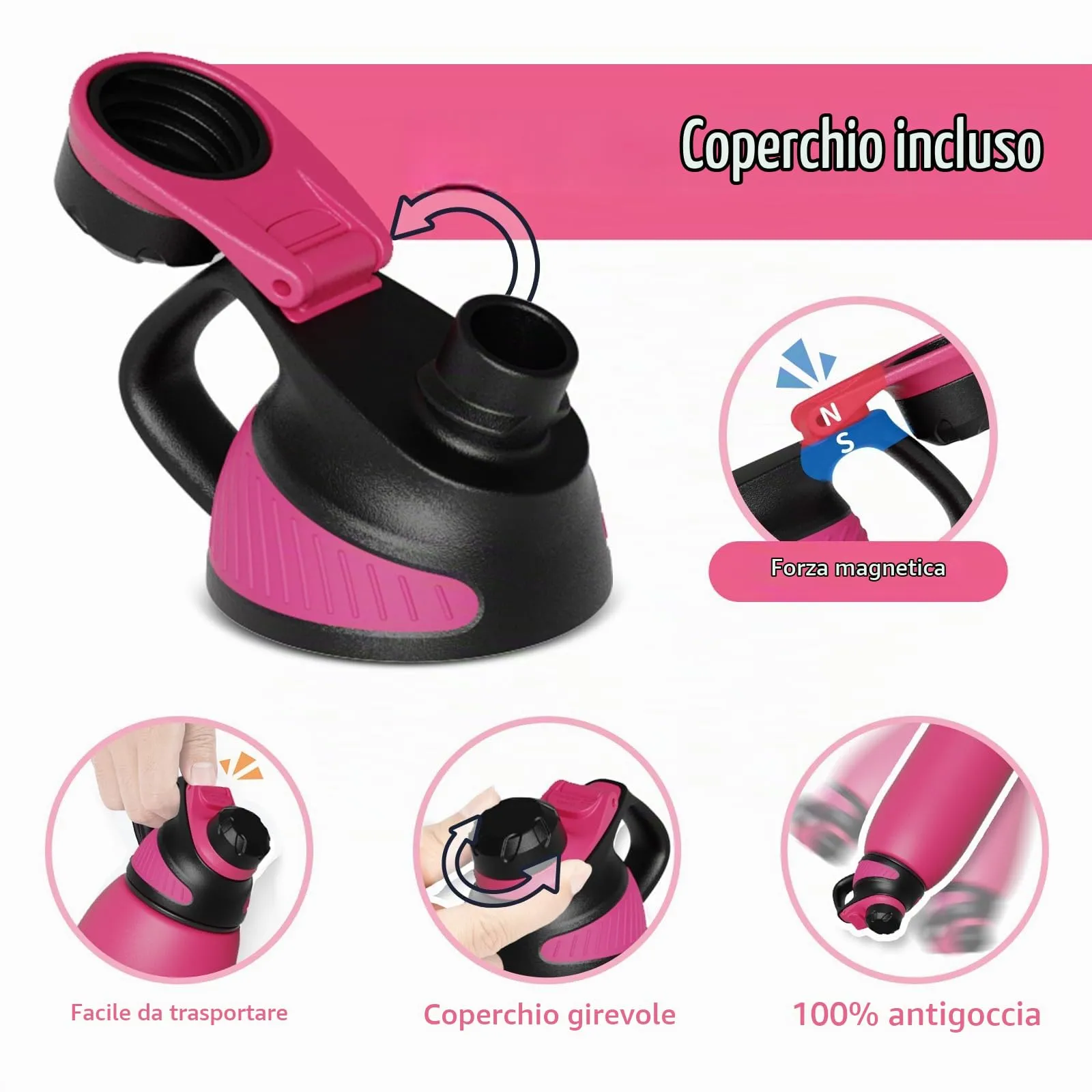 Fjbottle Borraccia Termica in Acciaio Inox con Tappo Magnetico, 1L, Magenta - immagine 2
