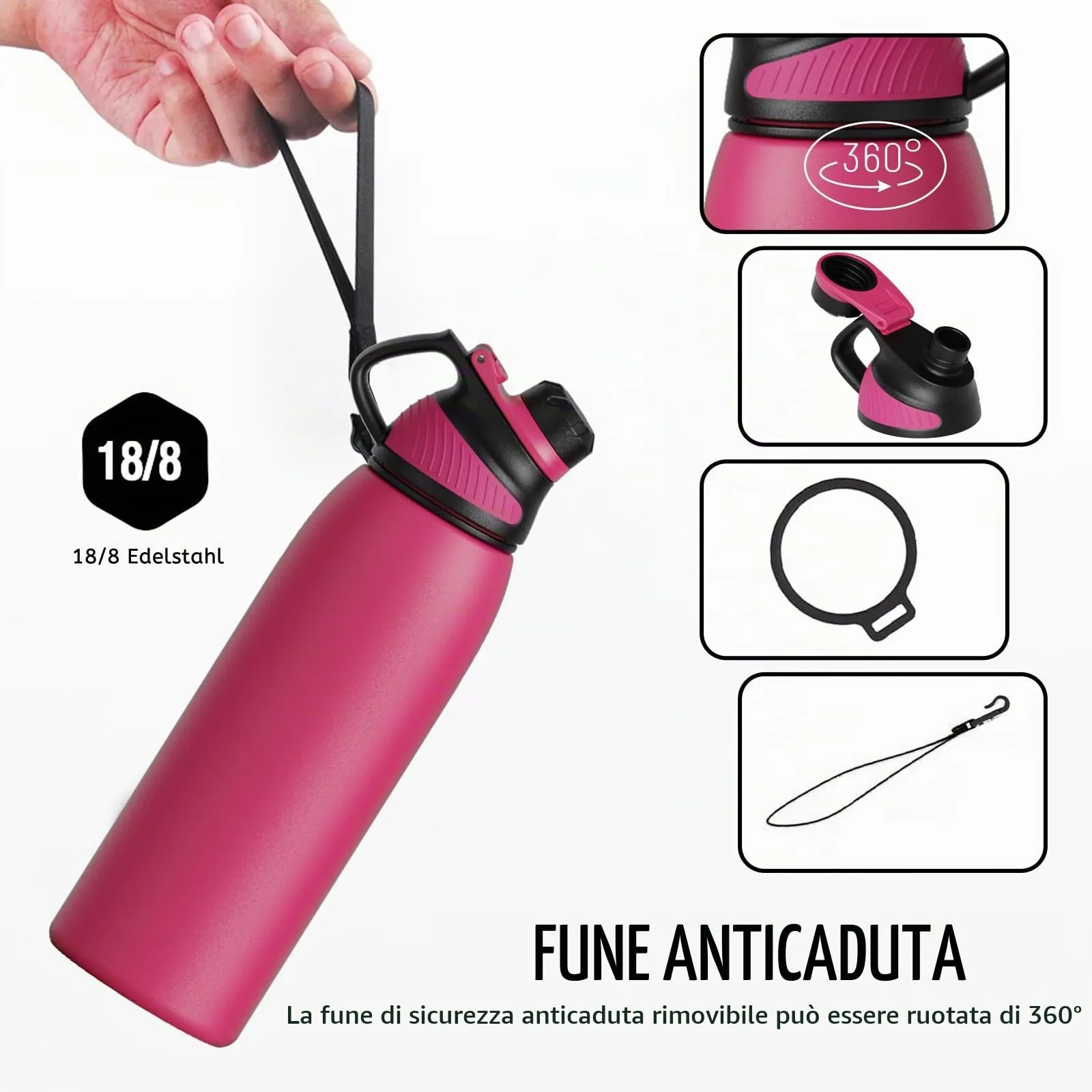 Fjbottle Borraccia Termica in Acciaio Inox con Tappo Magnetico, 1L, Magenta - immagine 3