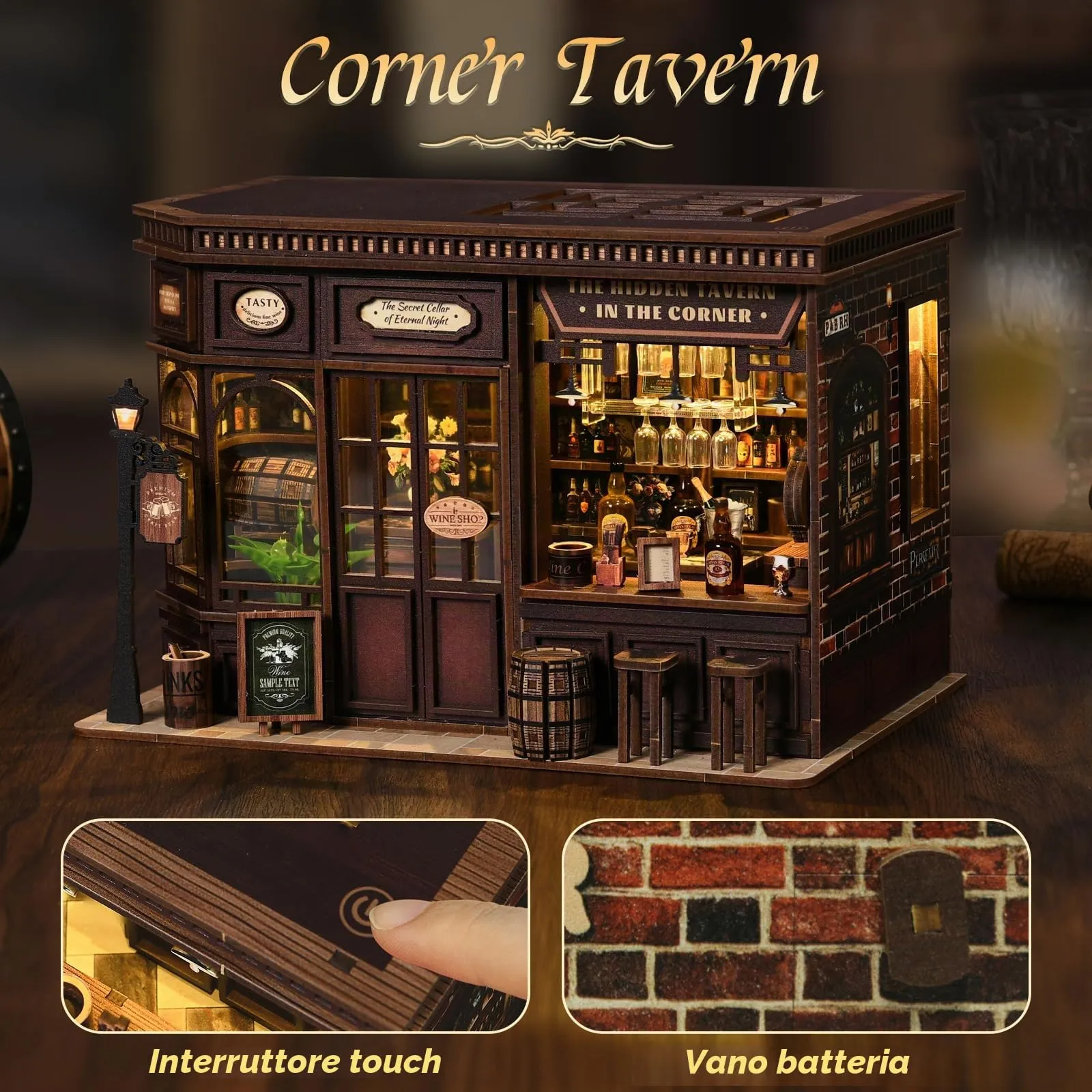 BATTREVO DIY Book Nook Kit Pub ad Angolo Miniature Wooden Puzzle House - immagine 2