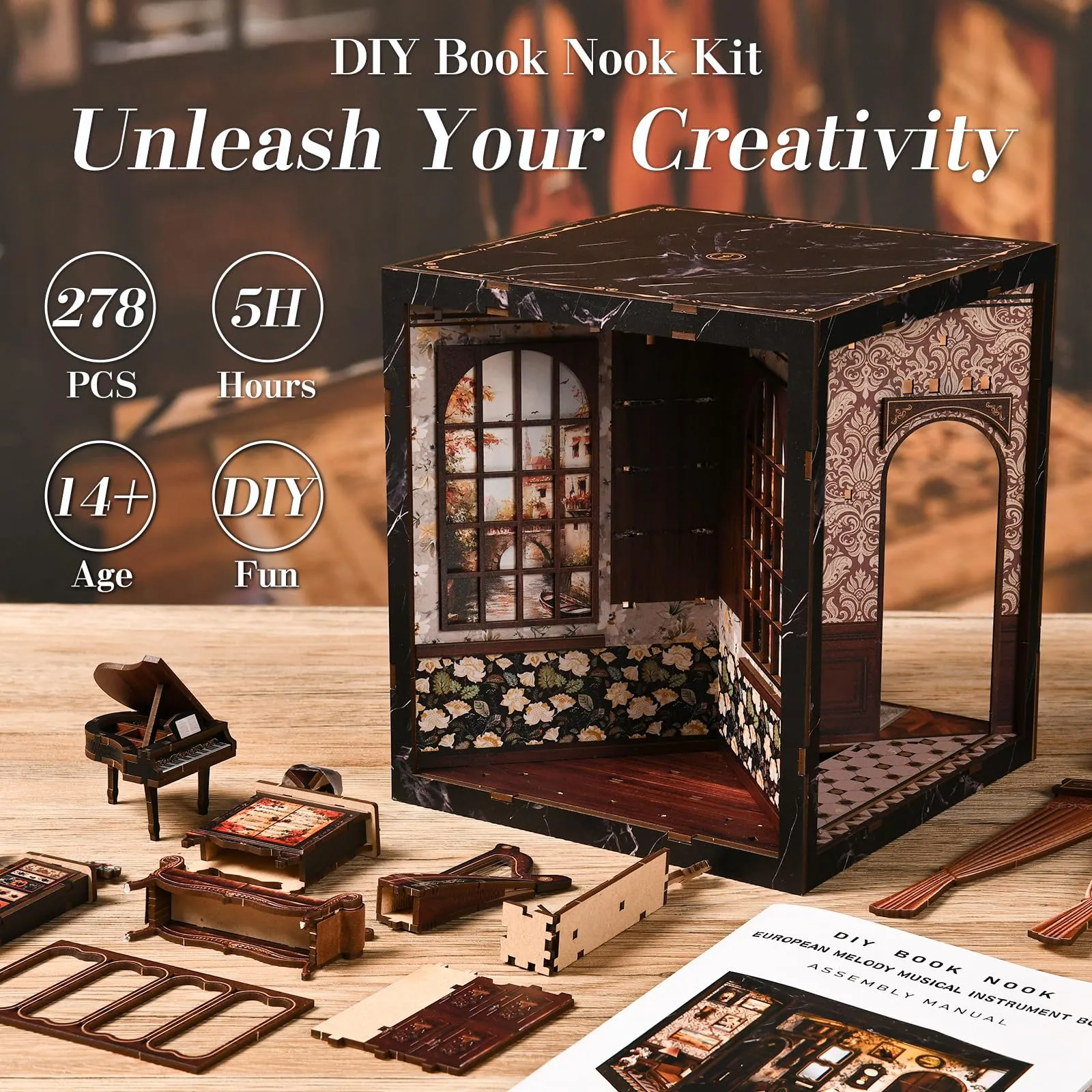 BATTREVO DIY Book Nook Kit Strumenti Classici with LED Light 3D Wooden Puzzle for Bookshelf Decor - immagine 9