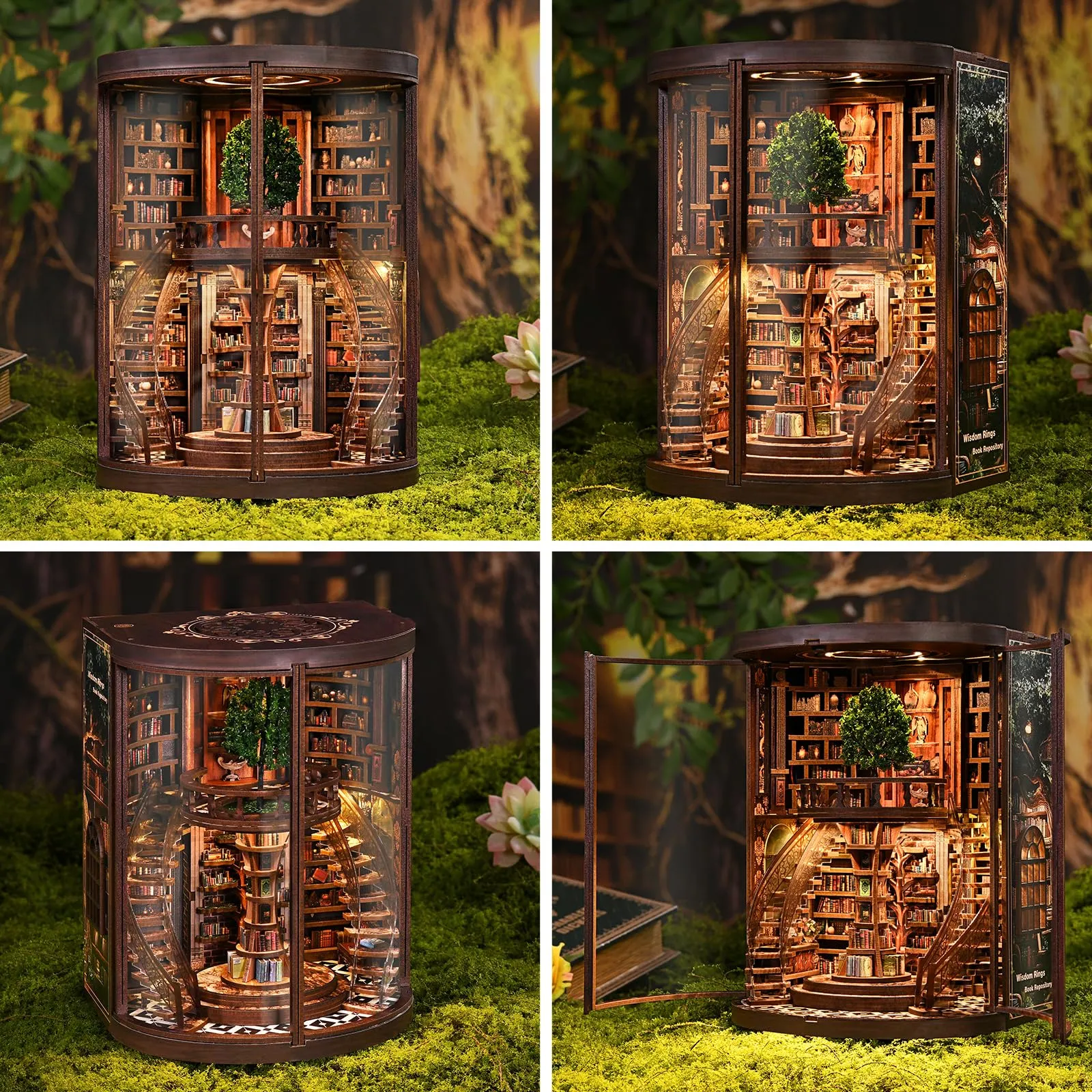 BATTREVO Wisdom Rings Book Archive DIY Book Nook Kit, 3D Wooden Puzzle with LED Light - immagine 2