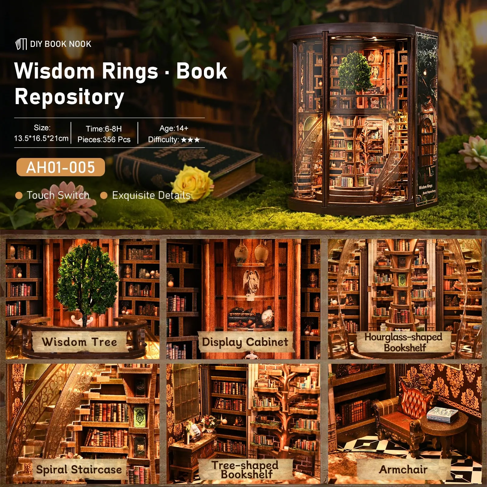 BATTREVO Wisdom Rings Book Archive DIY Book Nook Kit, 3D Wooden Puzzle with LED Light - immagine 4