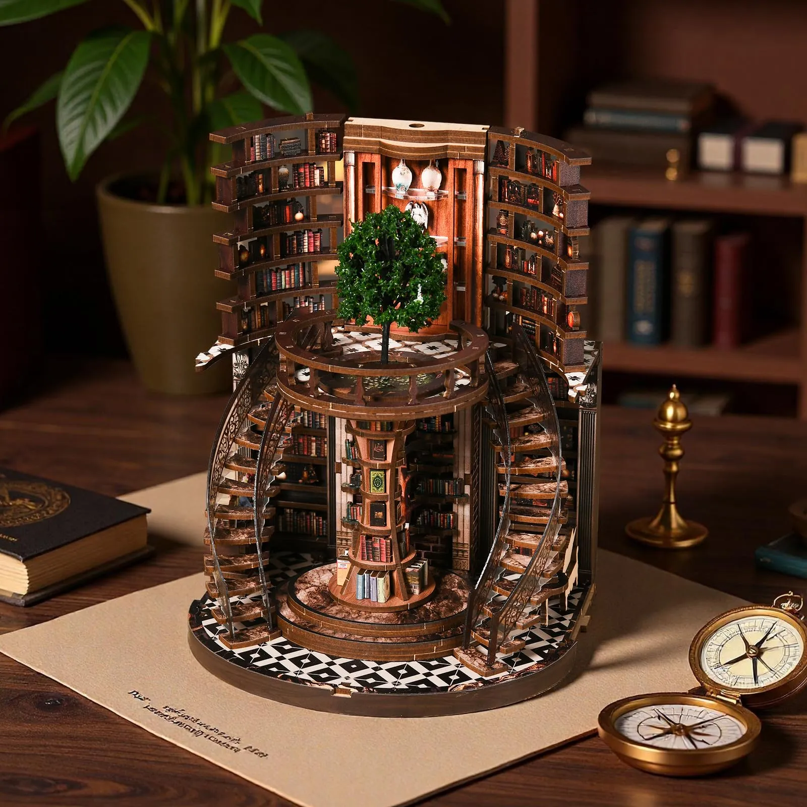 BATTREVO Wisdom Rings Book Archive DIY Book Nook Kit, 3D Wooden Puzzle with LED Light - immagine 5