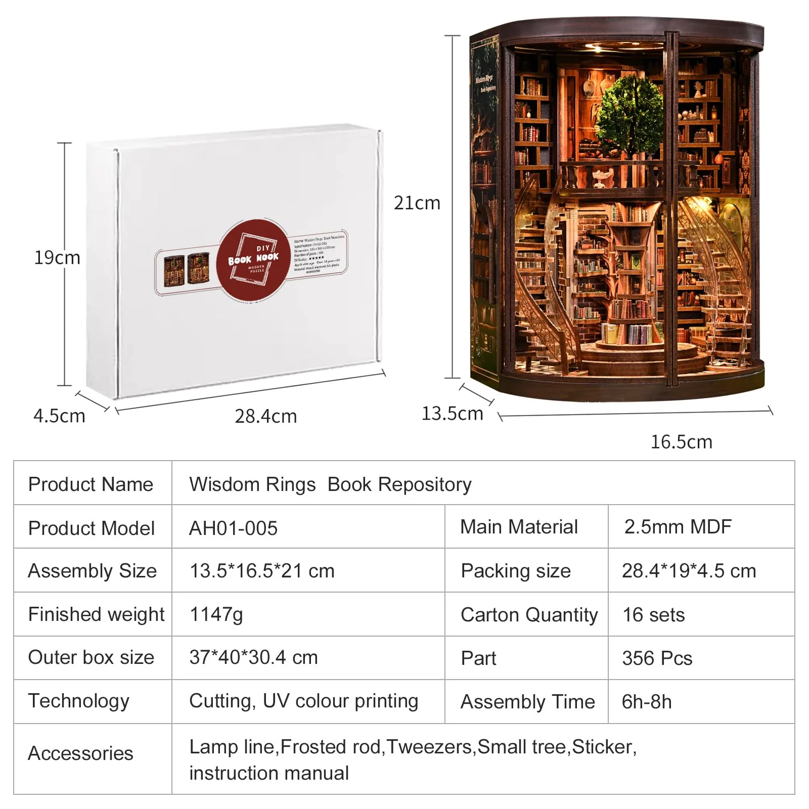 BATTREVO Wisdom Rings Book Archive DIY Book Nook Kit, 3D Wooden Puzzle with LED Light - immagine 7