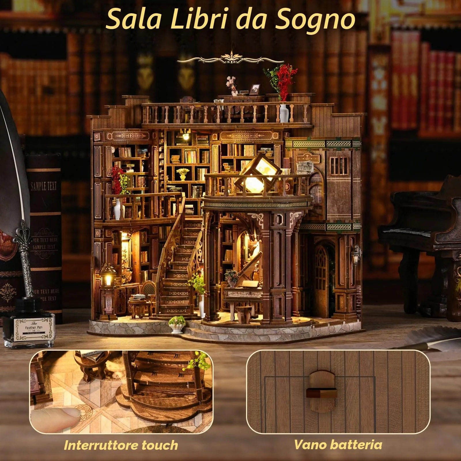 BATTREVO Book Nook Kit - Angolo Lettura da Sogno 3D Wooden Puzzle Bookshelf Decor with LED Light - immagine 2