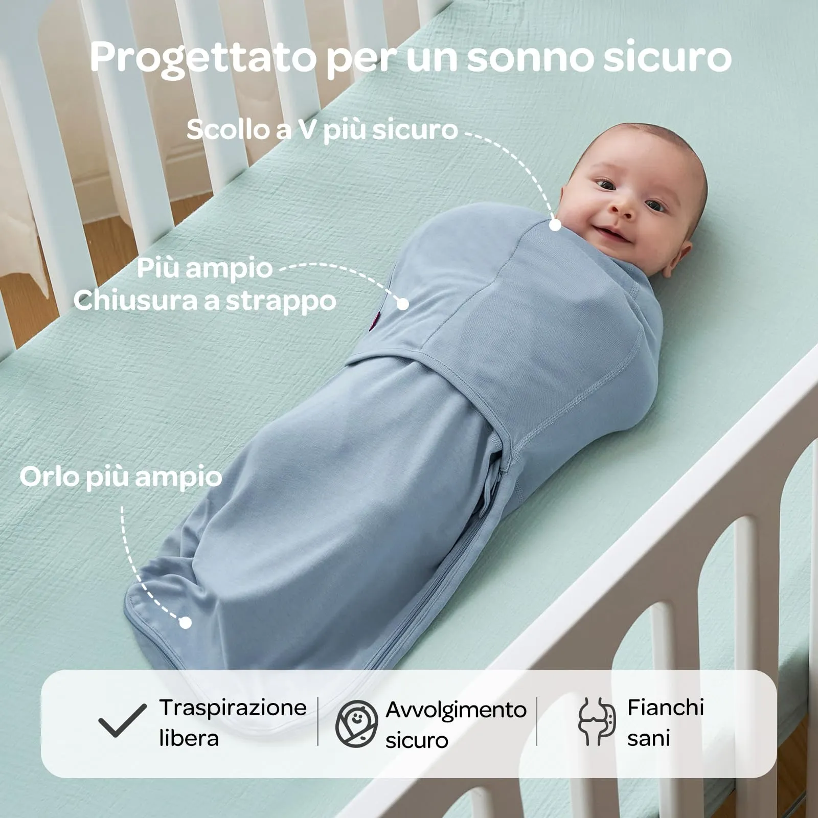 Momcozy Swaddle Neonato 0-3 Mesi Sacco Nanna Bambù, 2 Pezzi, Blu Verde - immagine 8
