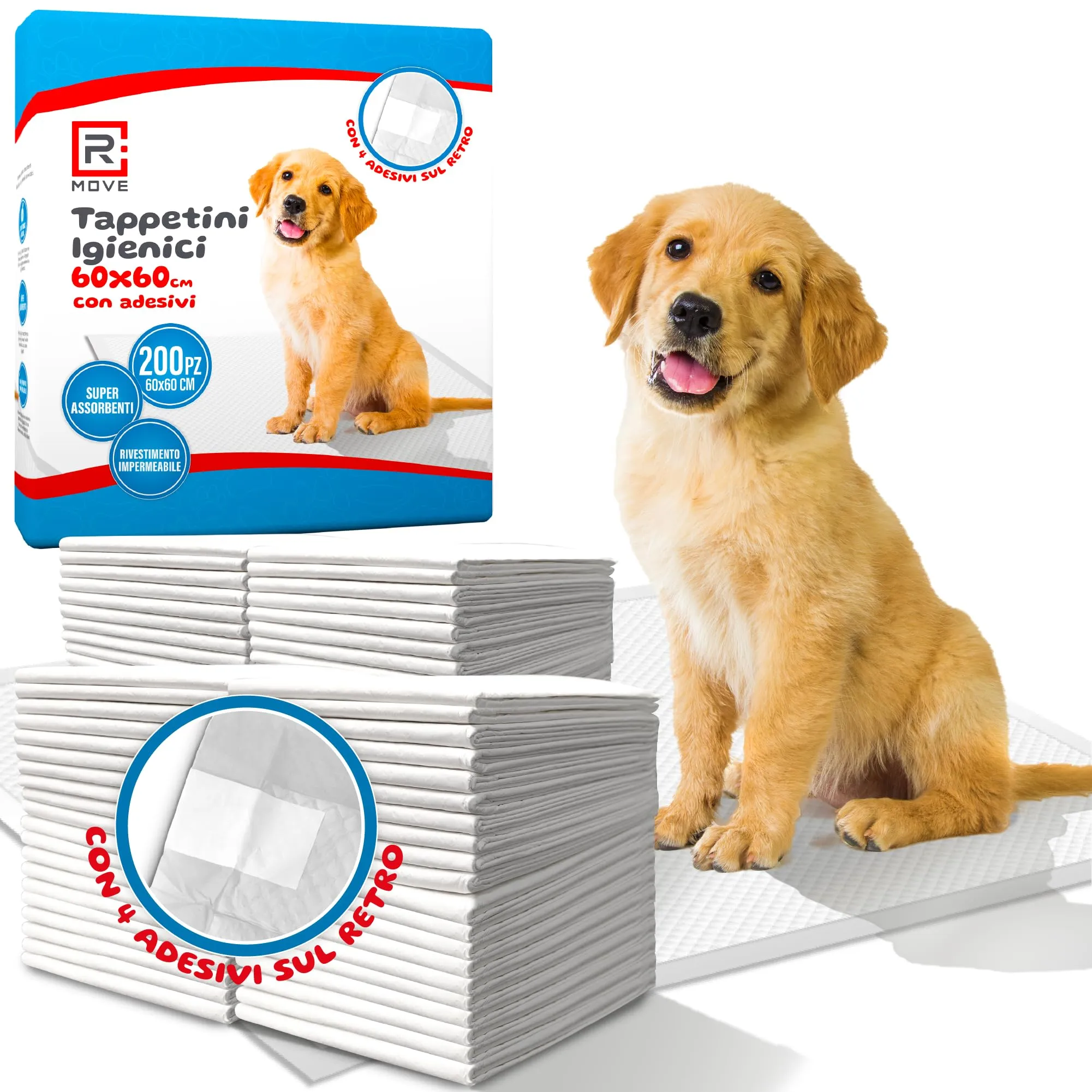 R MOVE Traversine Cani 60x60 con Adesivi, Tappetini Igienici Assorbenti (Confezione da 200) - immagine 1