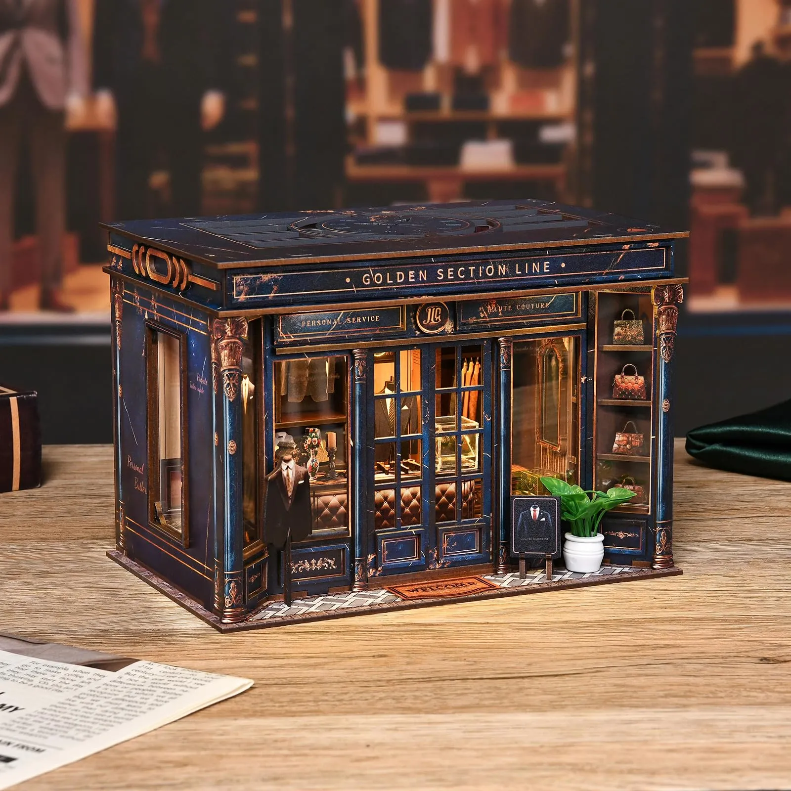 BATTREVO Linea della sezione aurea DIY Book Nook Kit, Wooden 3D Puzzle Bookend with LED Light - immagine 2