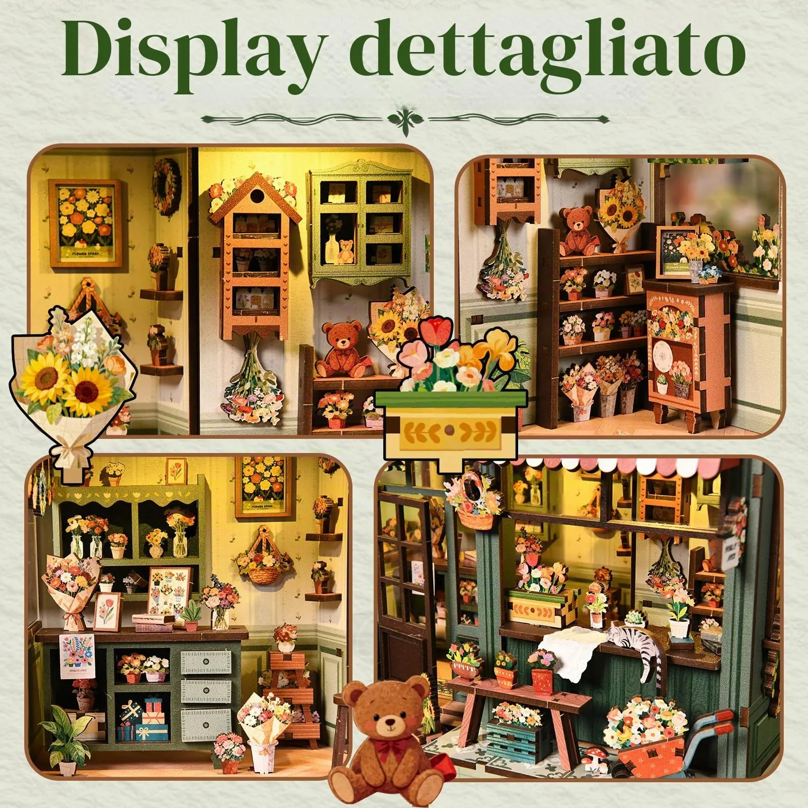 BATTREVO Aura Verde Blumenraum DIY Book Nook Kit, Wooden 3D Puzzle with LED Light - immagine 3