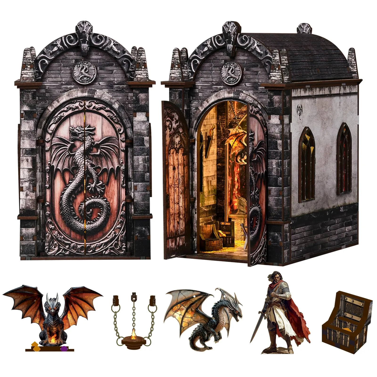 BATTREVO Book Nook Kit Regno Nascosto del Drago DIY Miniatur Kit Buchstütze 3D Holzpuzzle mit Staubschutzhülle - immagine 2