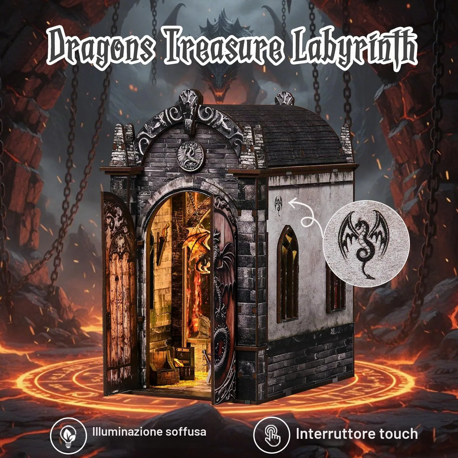 BATTREVO Book Nook Kit Regno Nascosto del Drago DIY Miniatur Kit Buchstütze 3D Holzpuzzle mit Staubschutzhülle - immagine 4