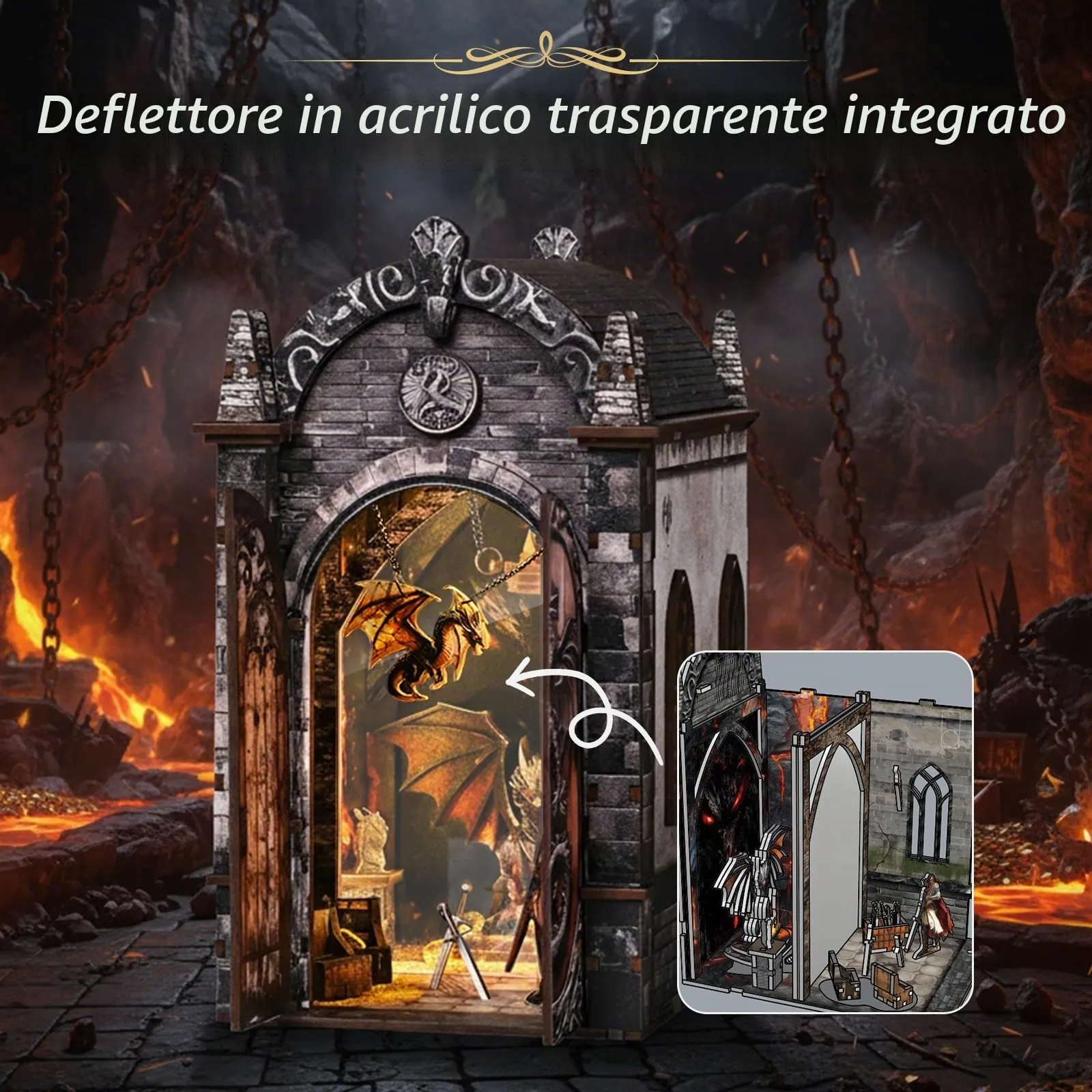 BATTREVO Book Nook Kit Regno Nascosto del Drago DIY Miniatur Kit Buchstütze 3D Holzpuzzle mit Staubschutzhülle - immagine 5