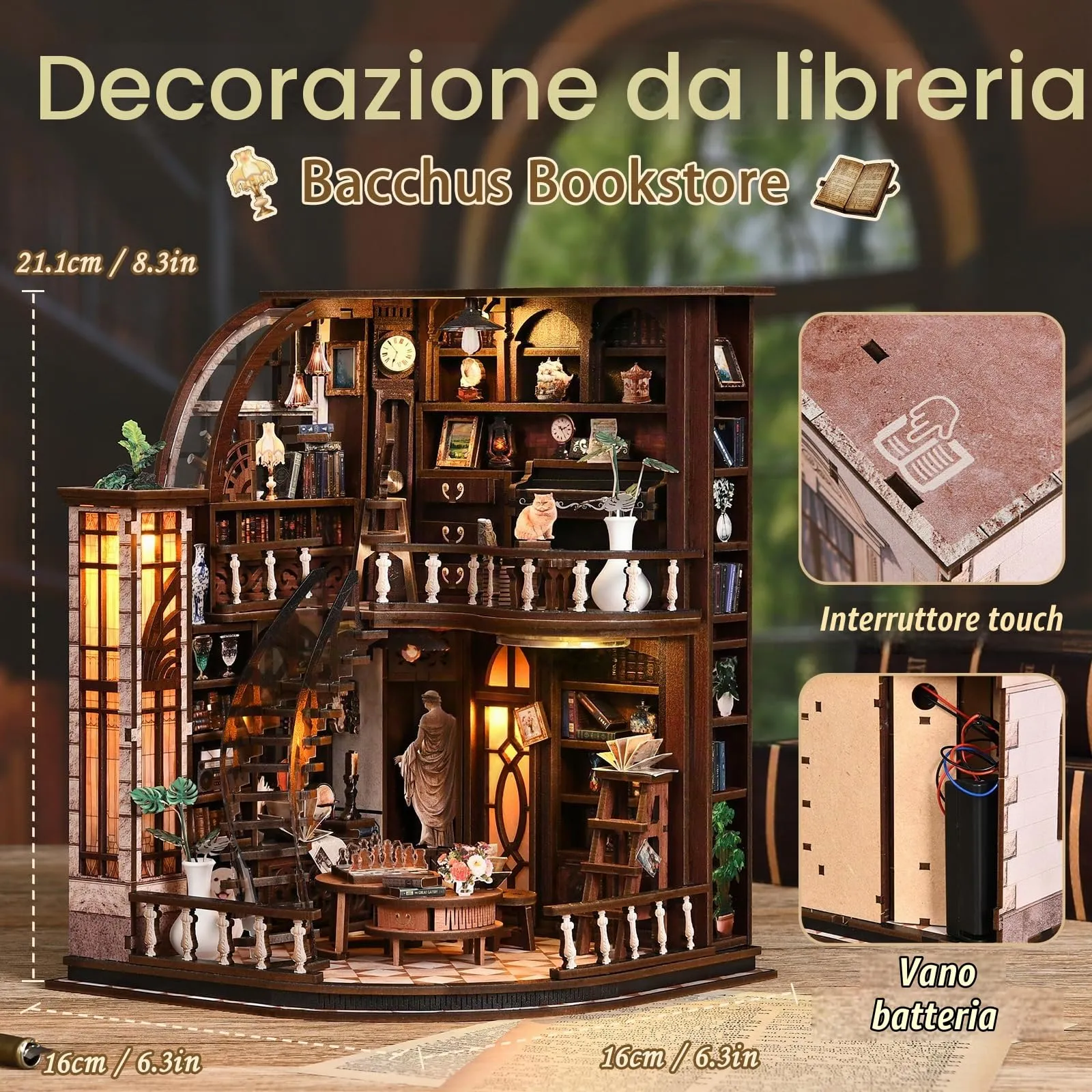 BATTREVO Book Nook Bausatz Libreria Bacchus DIY Miniatur-Holzpuzzle Vintage Bücherzimmer mit LED-Beleuchtung - immagine 3