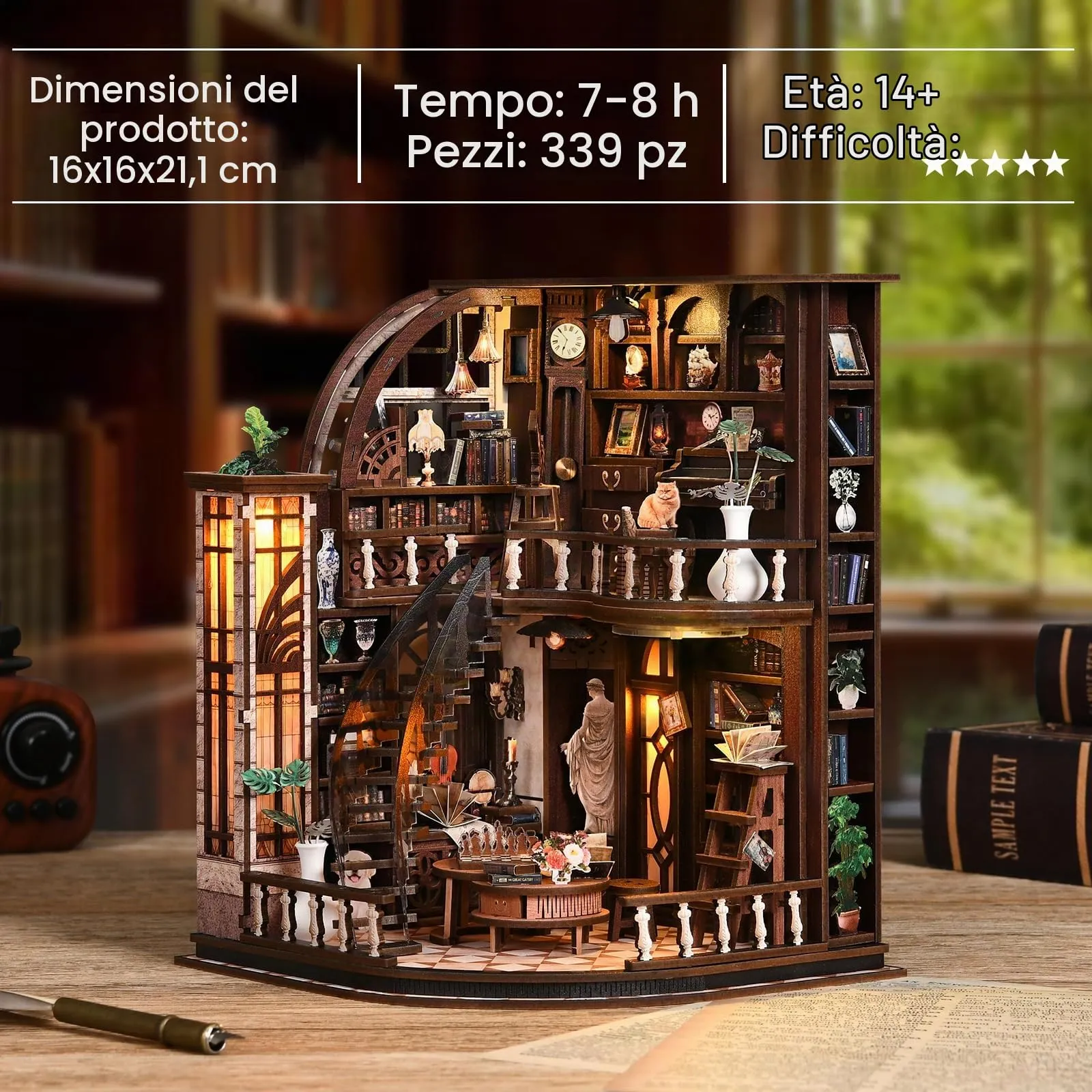 BATTREVO Book Nook Bausatz Libreria Bacchus DIY Miniatur-Holzpuzzle Vintage Bücherzimmer mit LED-Beleuchtung - immagine 5