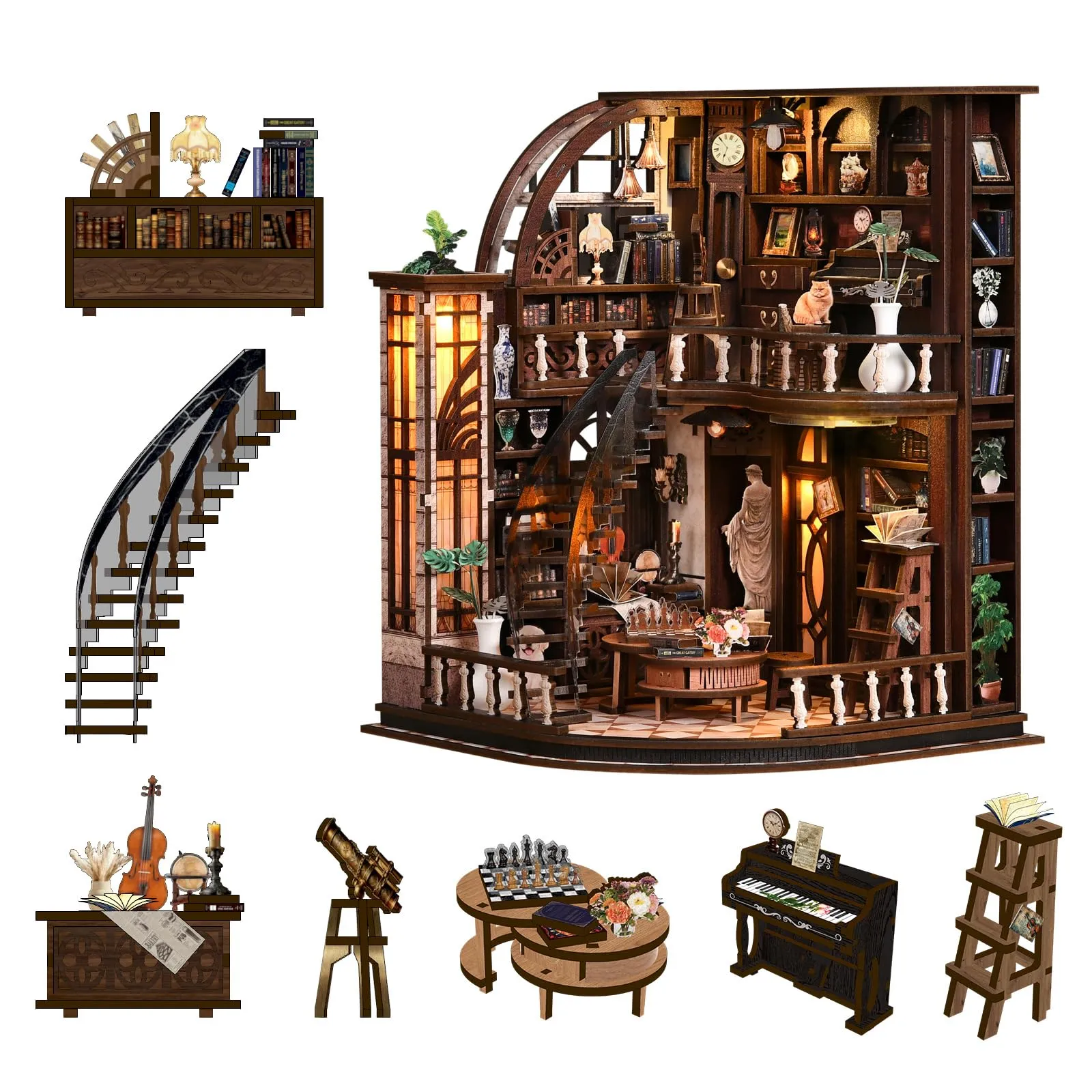 BATTREVO Book Nook Bausatz Libreria Bacchus DIY Miniatur-Holzpuzzle Vintage Bücherzimmer mit LED-Beleuchtung - immagine 6