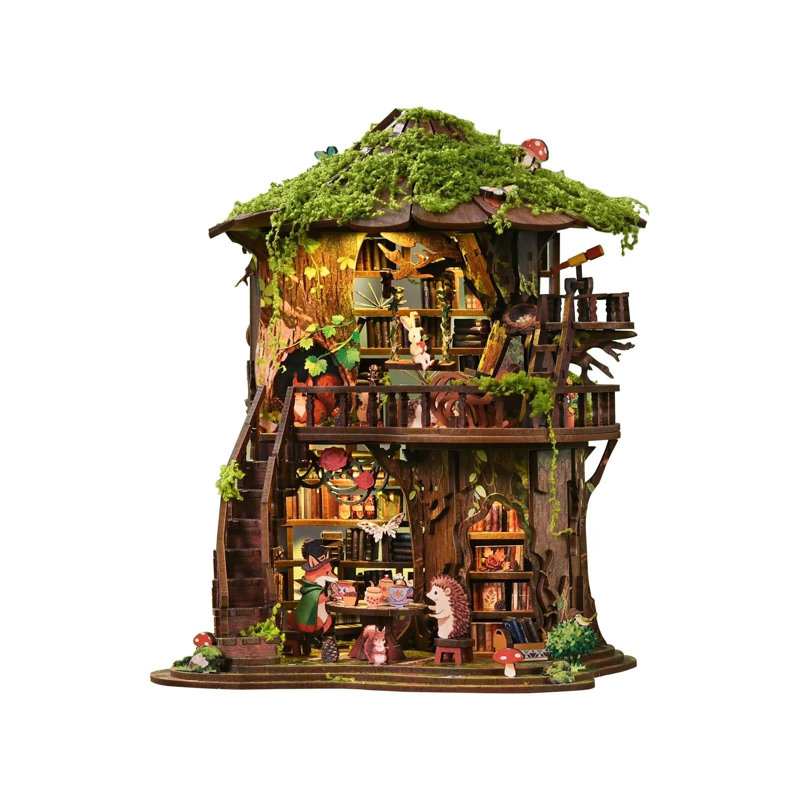 BATTREVO Book Nook Forest Tea - Fermalibri in legno e puzzle 3D con luce LED - immagine 1