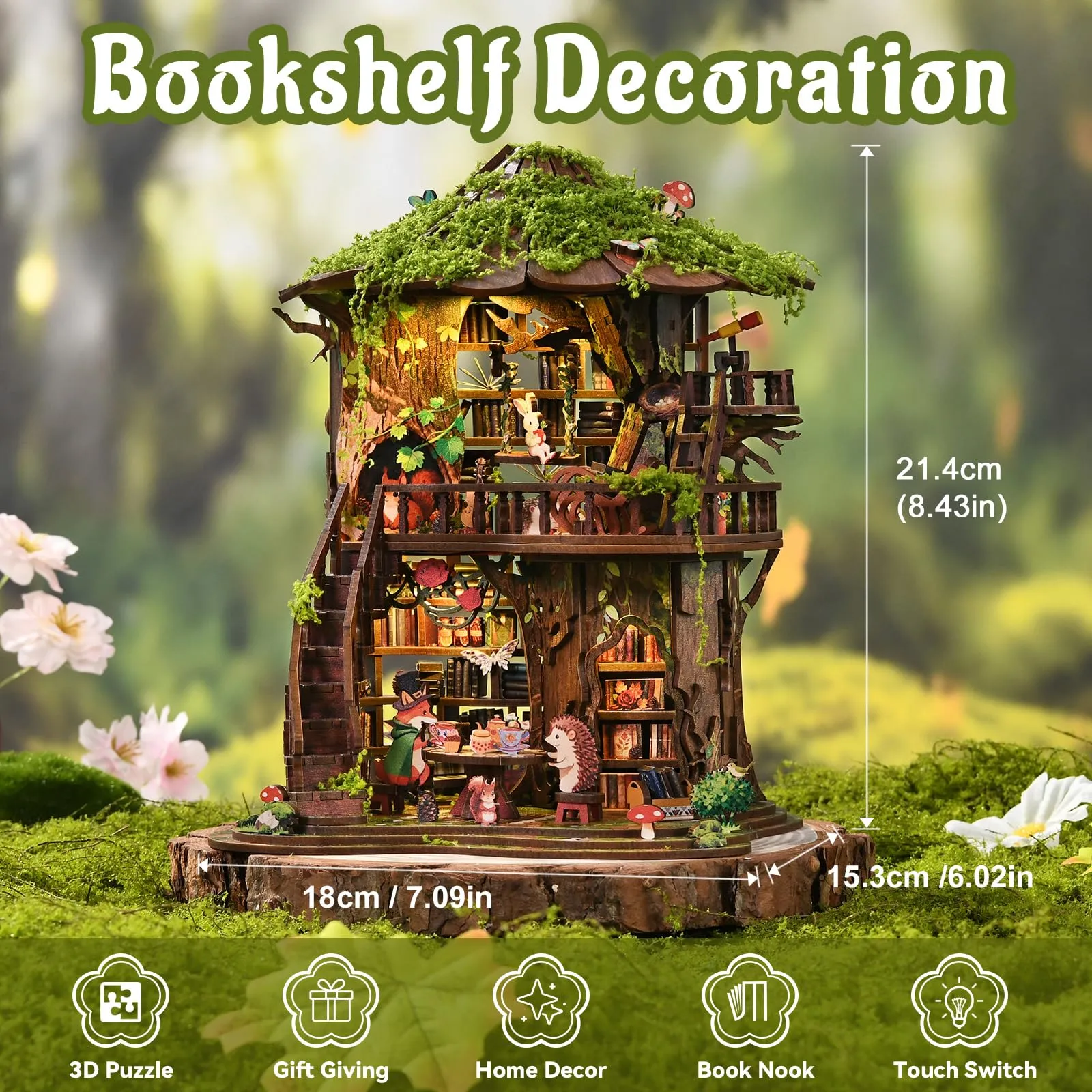 BATTREVO Book Nook Forest Tea - Fermalibri in legno e puzzle 3D con luce LED - immagine 3