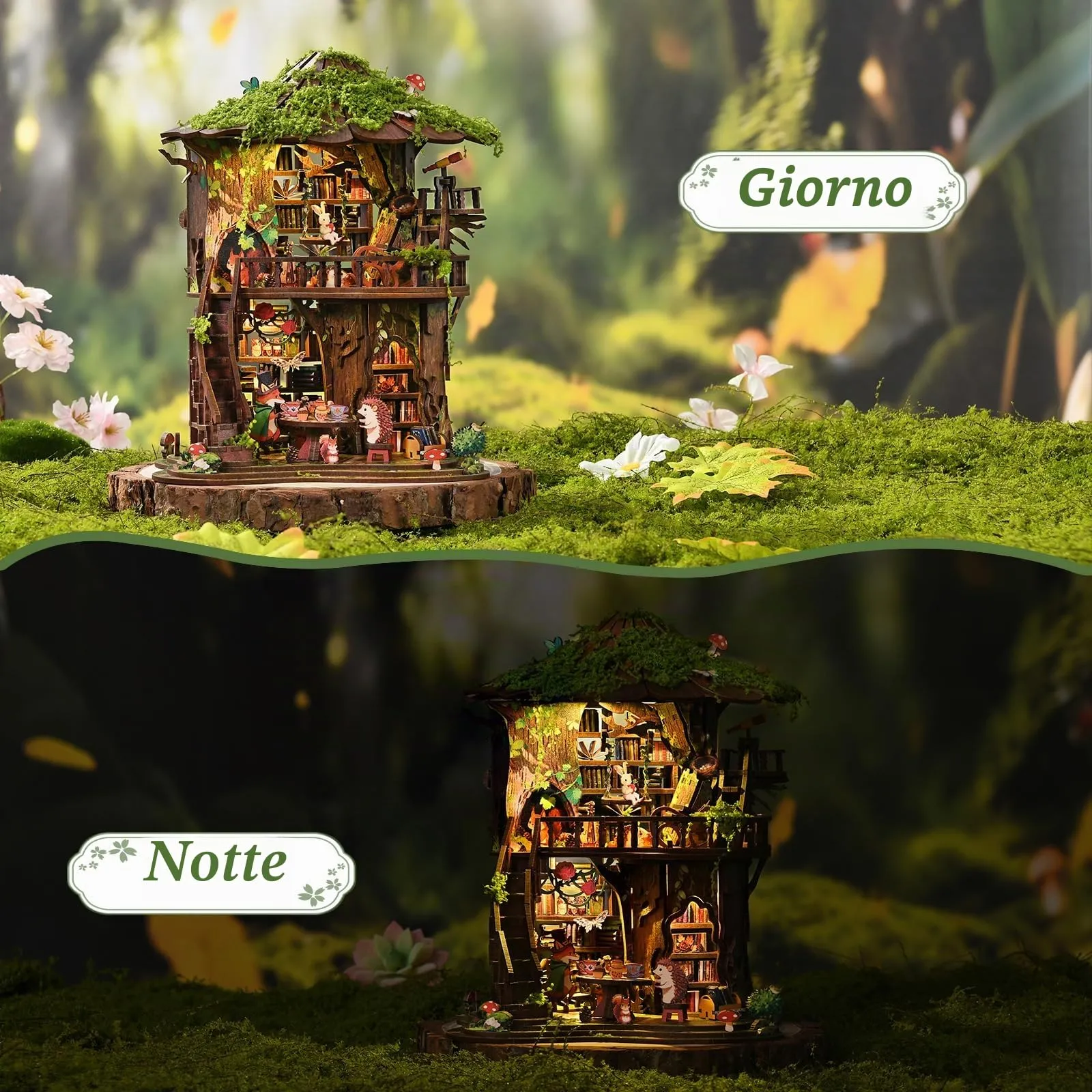 BATTREVO Book Nook Forest Tea - Fermalibri in legno e puzzle 3D con luce LED - immagine 4