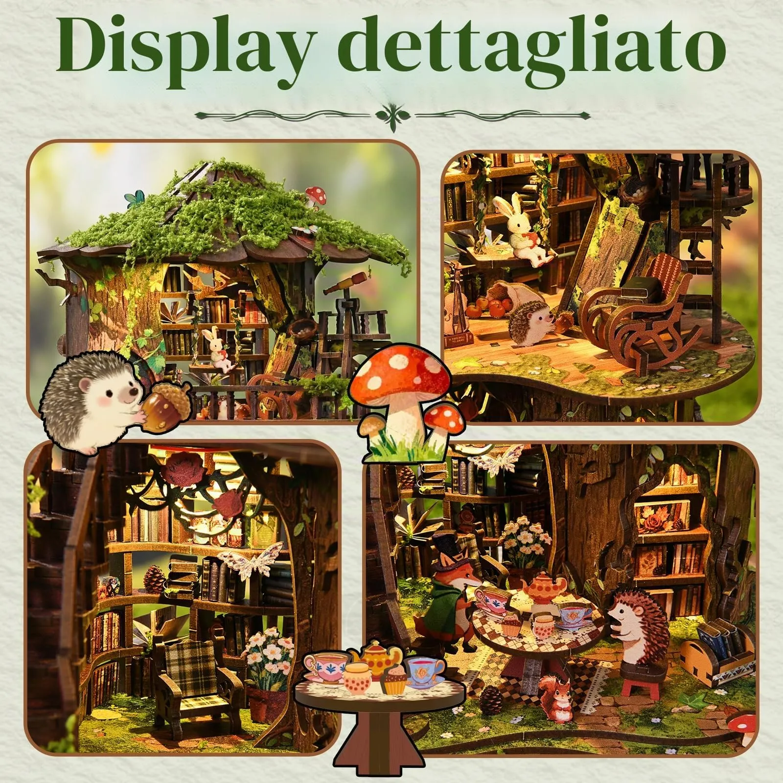 BATTREVO Book Nook Forest Tea - Fermalibri in legno e puzzle 3D con luce LED - immagine 5